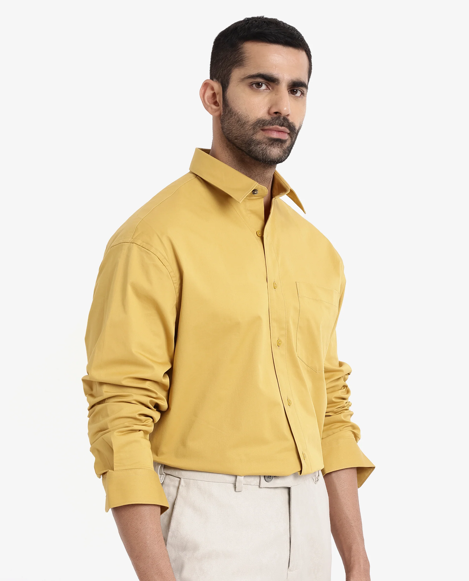 Rare Rabbit Men's Crofty Yellow Cotton Plain Boxy Fit Full Sleeve Collared Shirt - Image 6