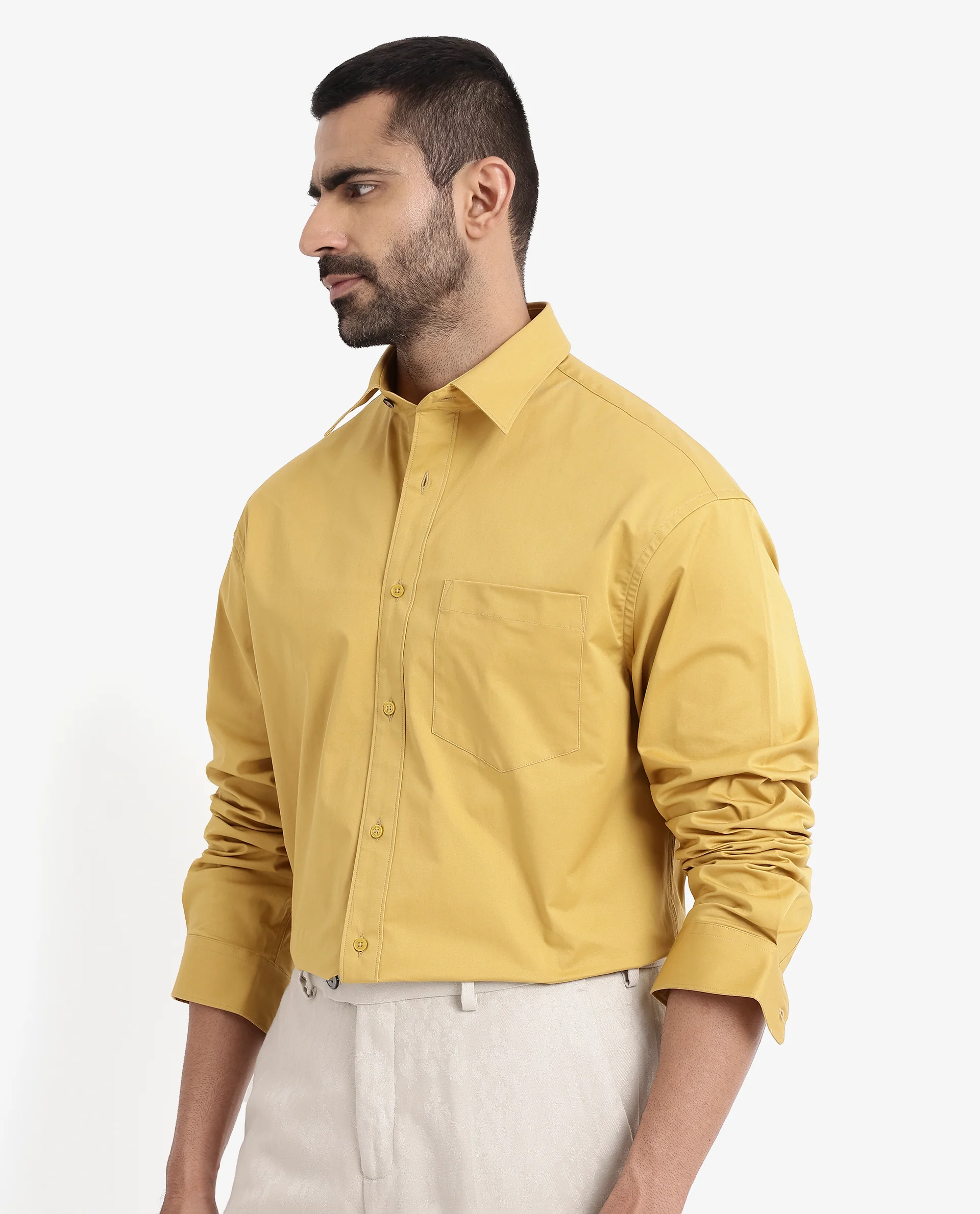 Rare Rabbit Men's Crofty Yellow Cotton Plain Boxy Fit Full Sleeve Collared Shirt - Image 7