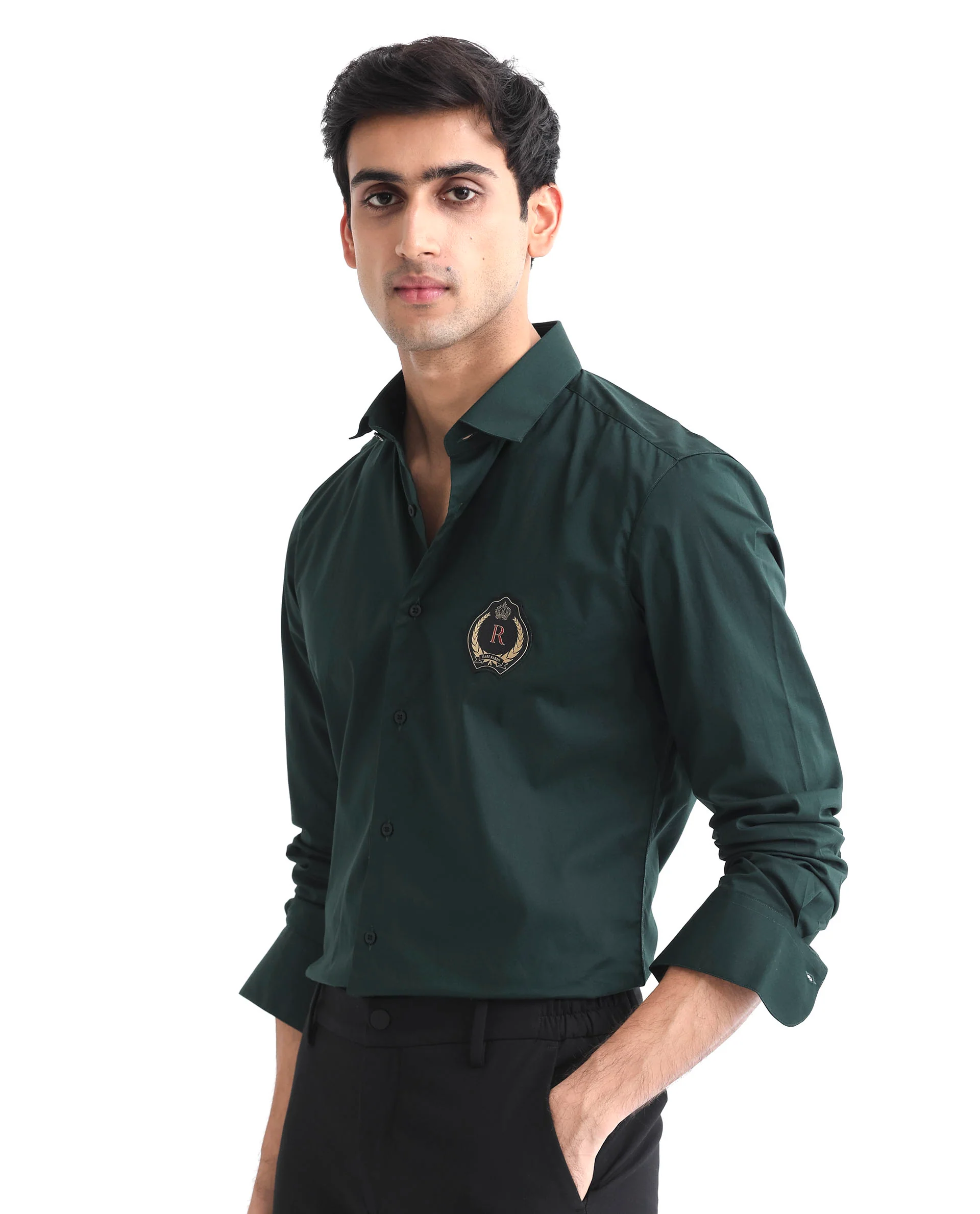 Rare Rabbit Men's Cron Dark Green Cotton Plain Regular Fit Full Sleeve Spread Collar Shirt - Image 3