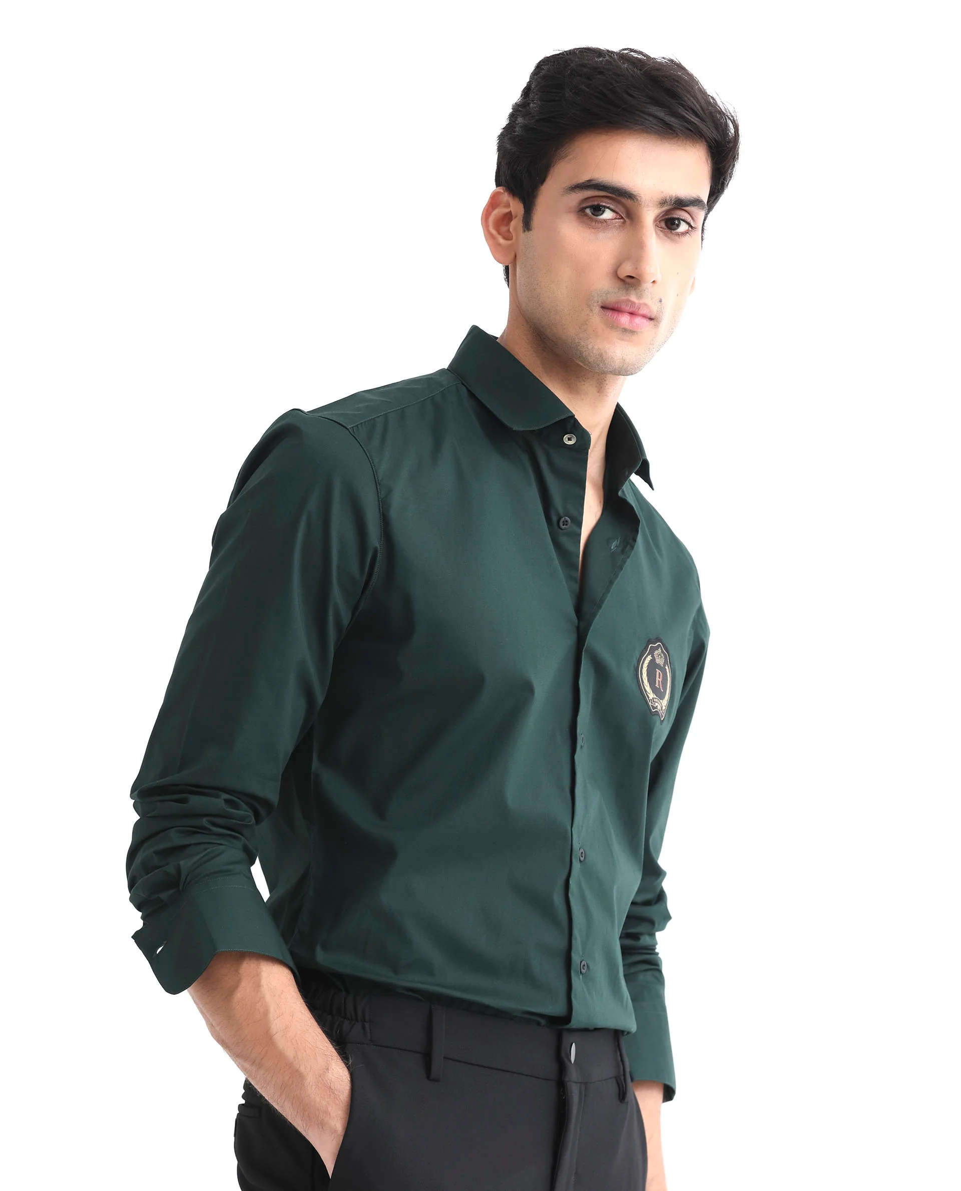 Rare Rabbit Men's Cron Dark Green Cotton Plain Regular Fit Full Sleeve Spread Collar Shirt - Image 8