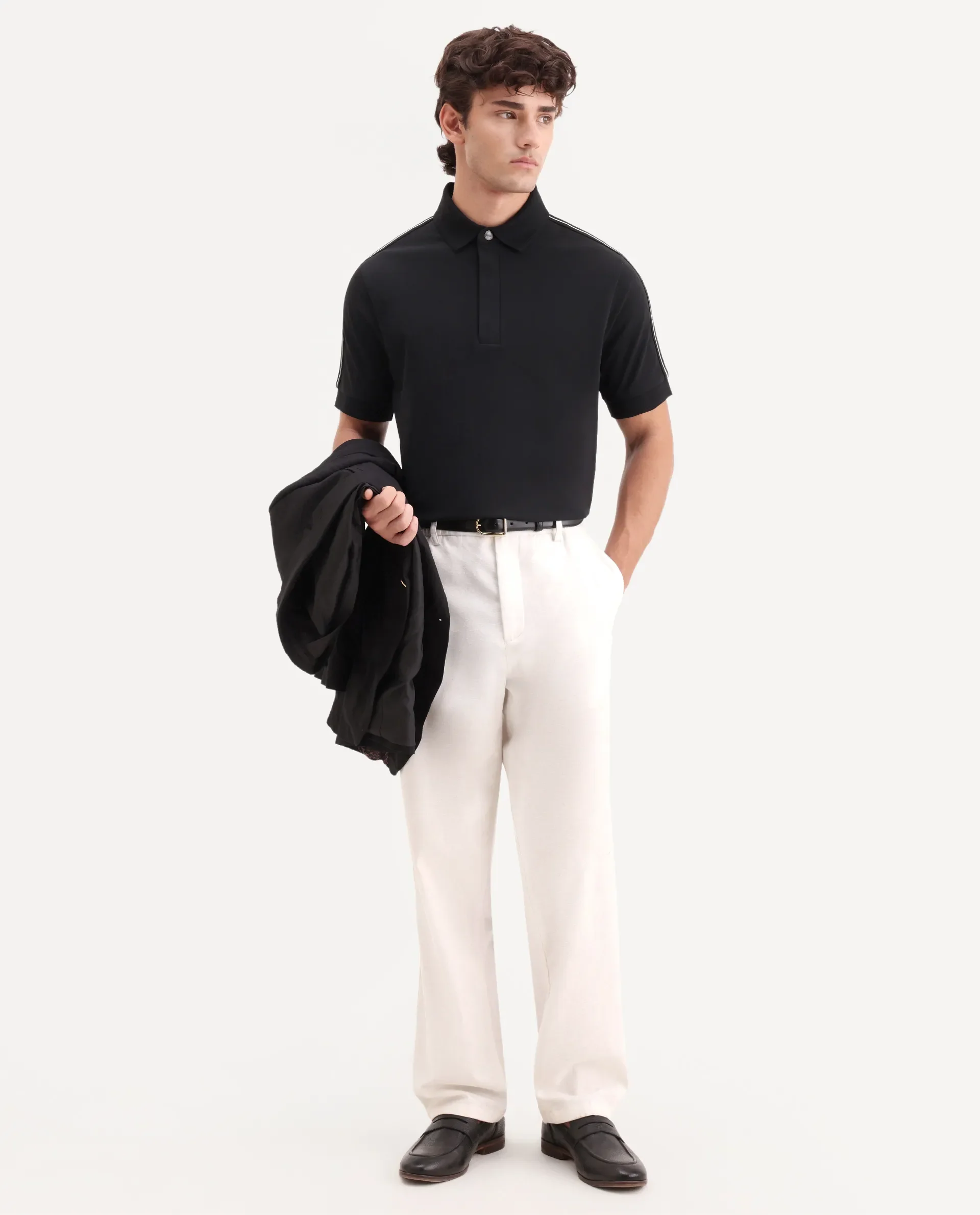 Rare Rabbit Men's Cron-S26 Black Cotton Blend Fabric Half Sleeve Spread Collar Regular Fit Plain Polo - Image 2