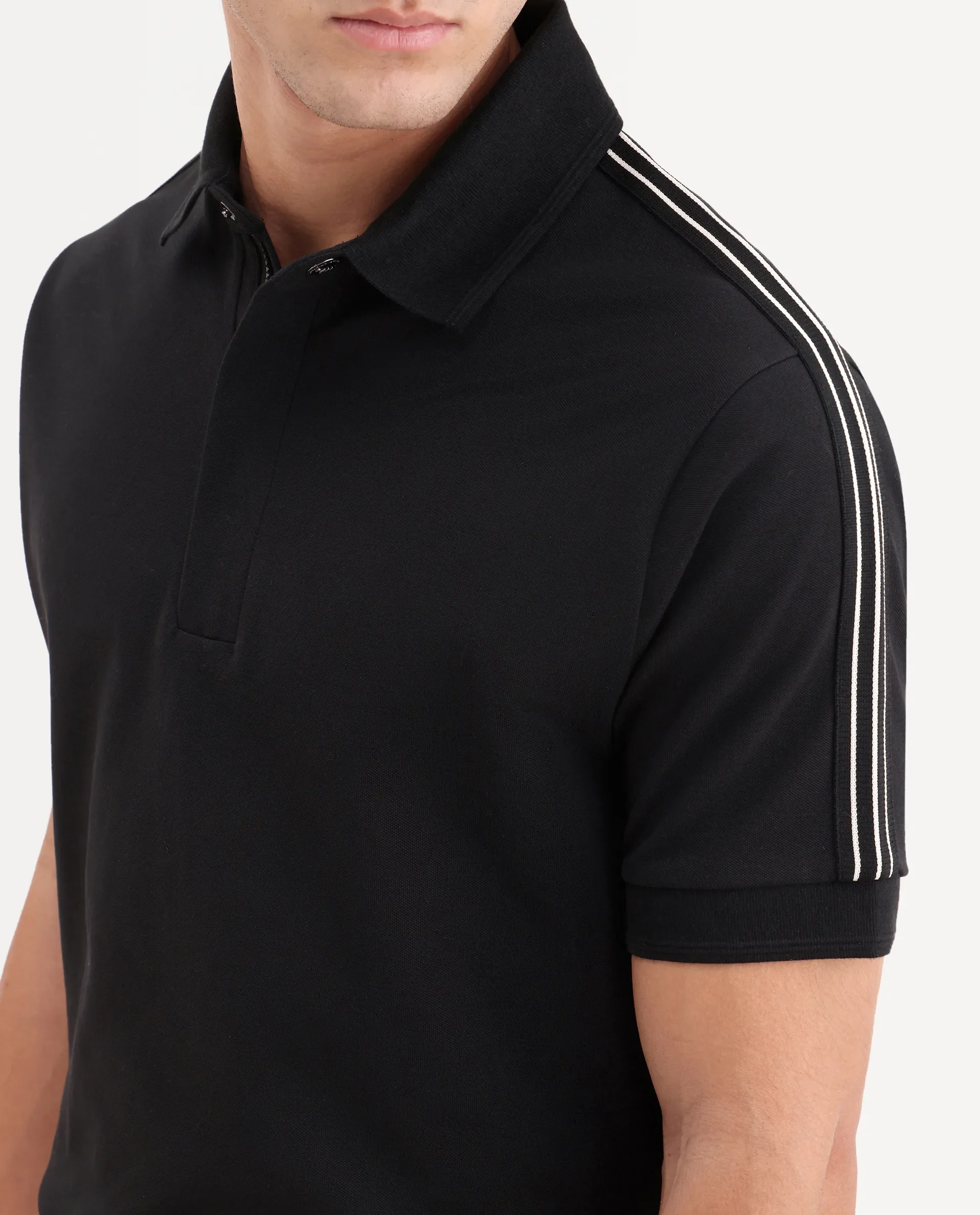 Rare Rabbit Men's Cron-S26 Black Cotton Blend Fabric Half Sleeve Spread Collar Regular Fit Plain Polo - Image 3