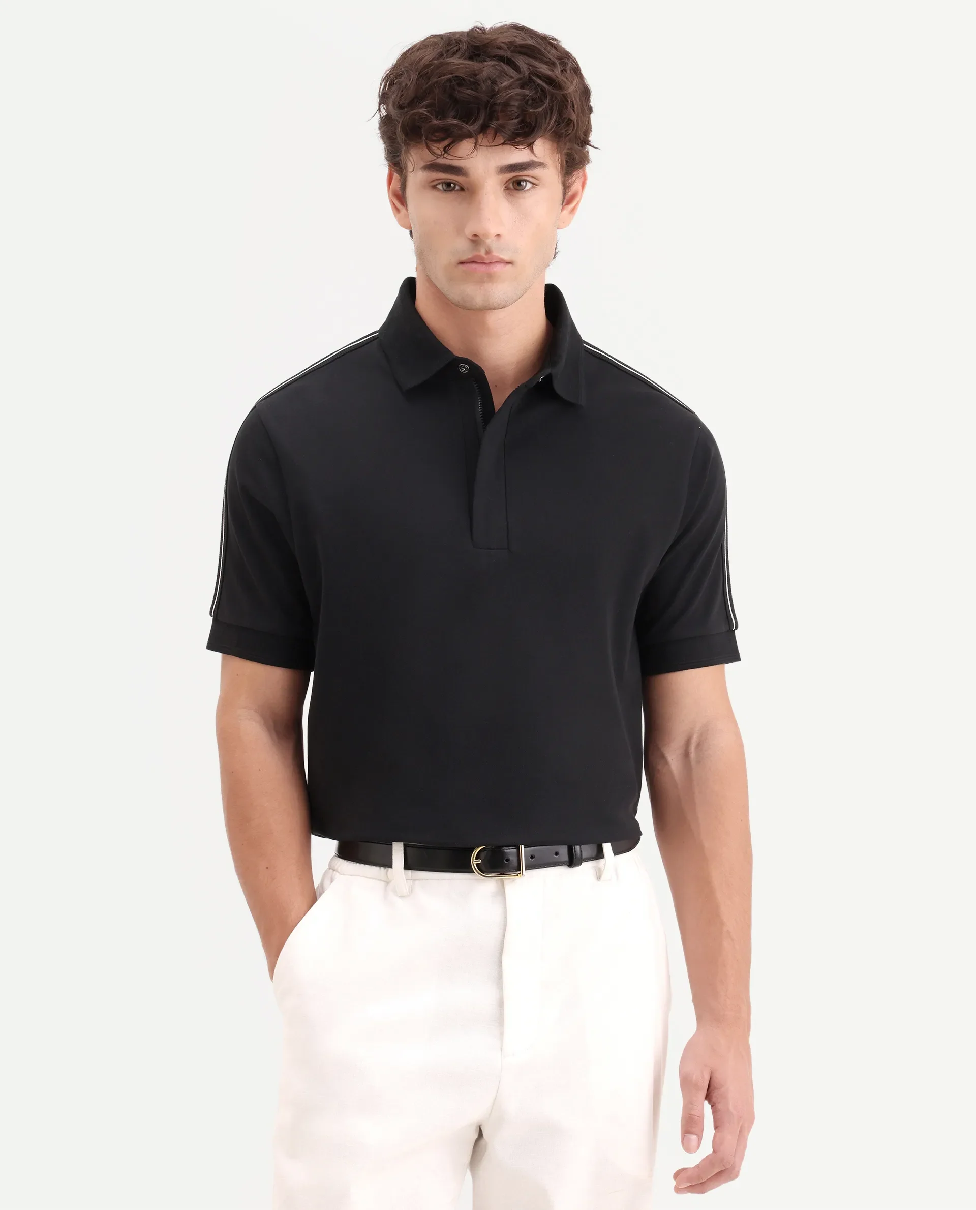 Rare Rabbit Men's Cron-S26 Black Cotton Blend Fabric Half Sleeve Spread Collar Regular Fit Plain Polo - Image 4