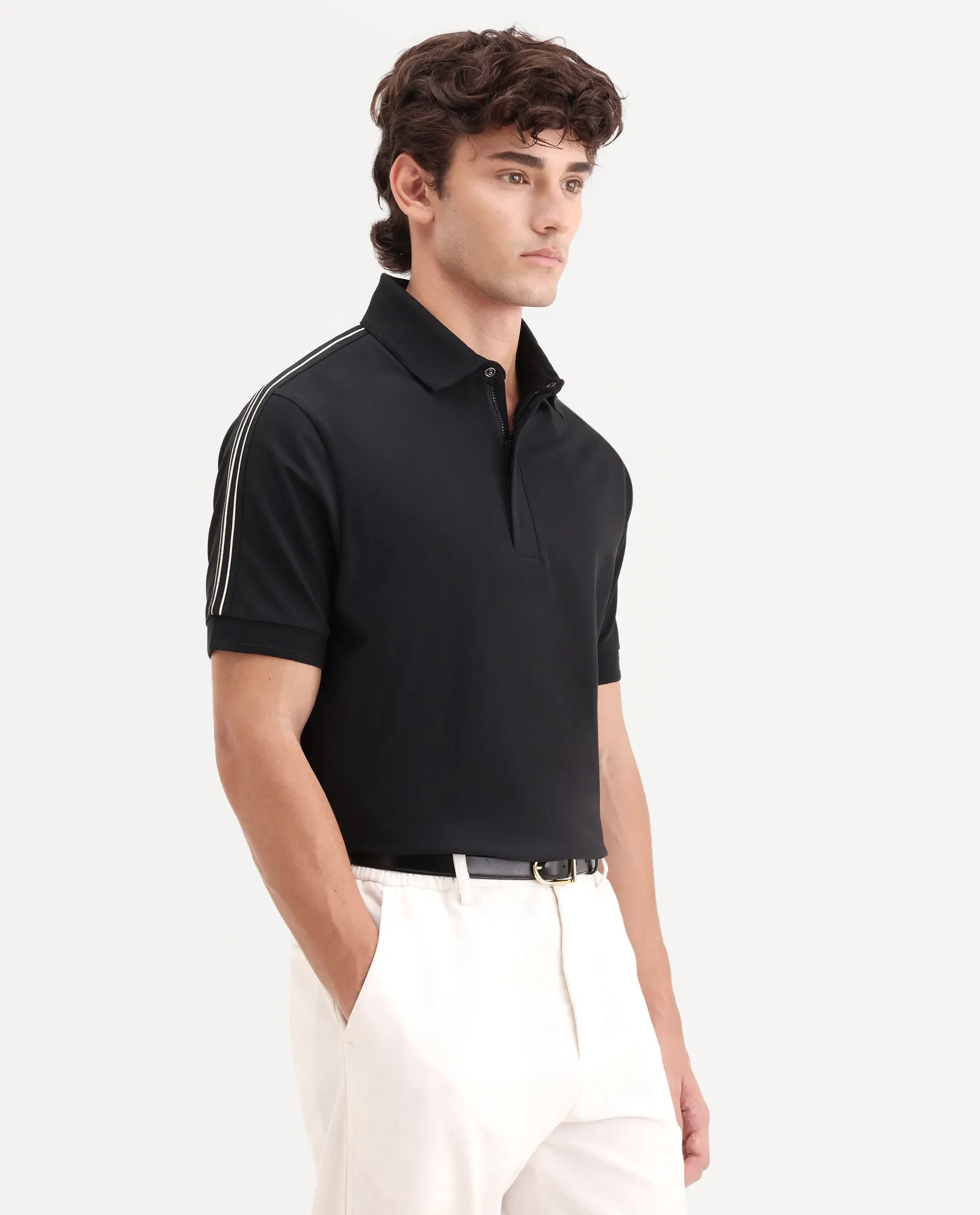 Rare Rabbit Men's Cron-S26 Black Cotton Blend Fabric Half Sleeve Spread Collar Regular Fit Plain Polo - Image 5