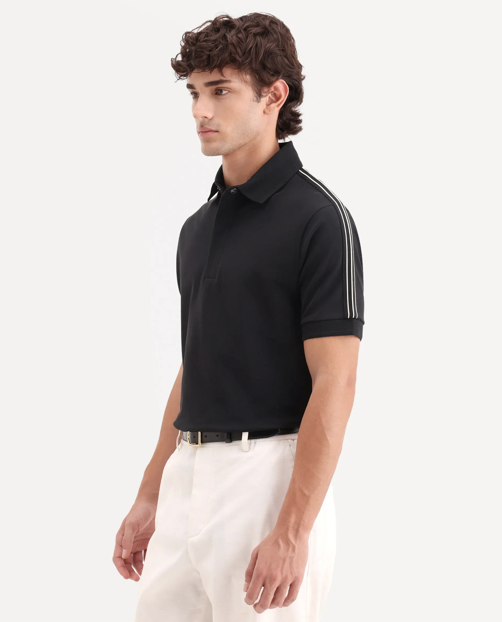 Rare Rabbit Men's Cron-S26 Black Cotton Blend Fabric Half Sleeve Spread Collar Regular Fit Plain Polo - Image 6
