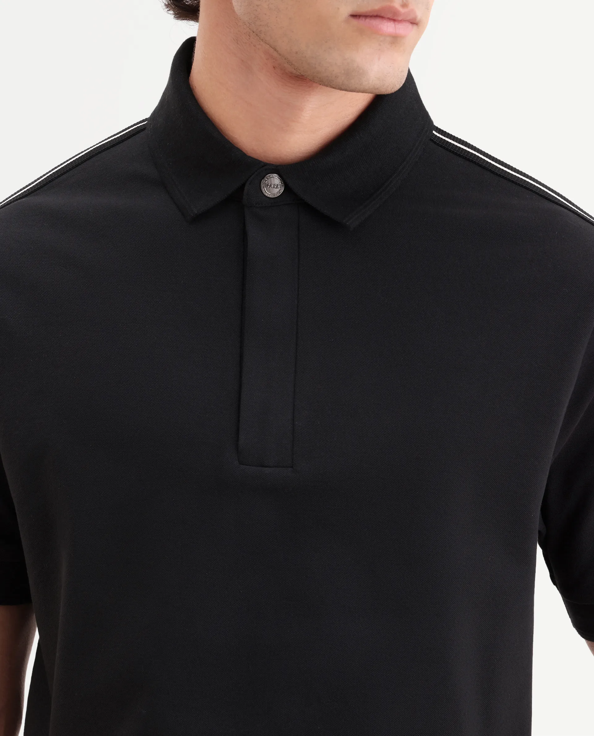 Rare Rabbit Men's Cron-S26 Black Cotton Blend Fabric Half Sleeve Spread Collar Regular Fit Plain Polo - Image 7
