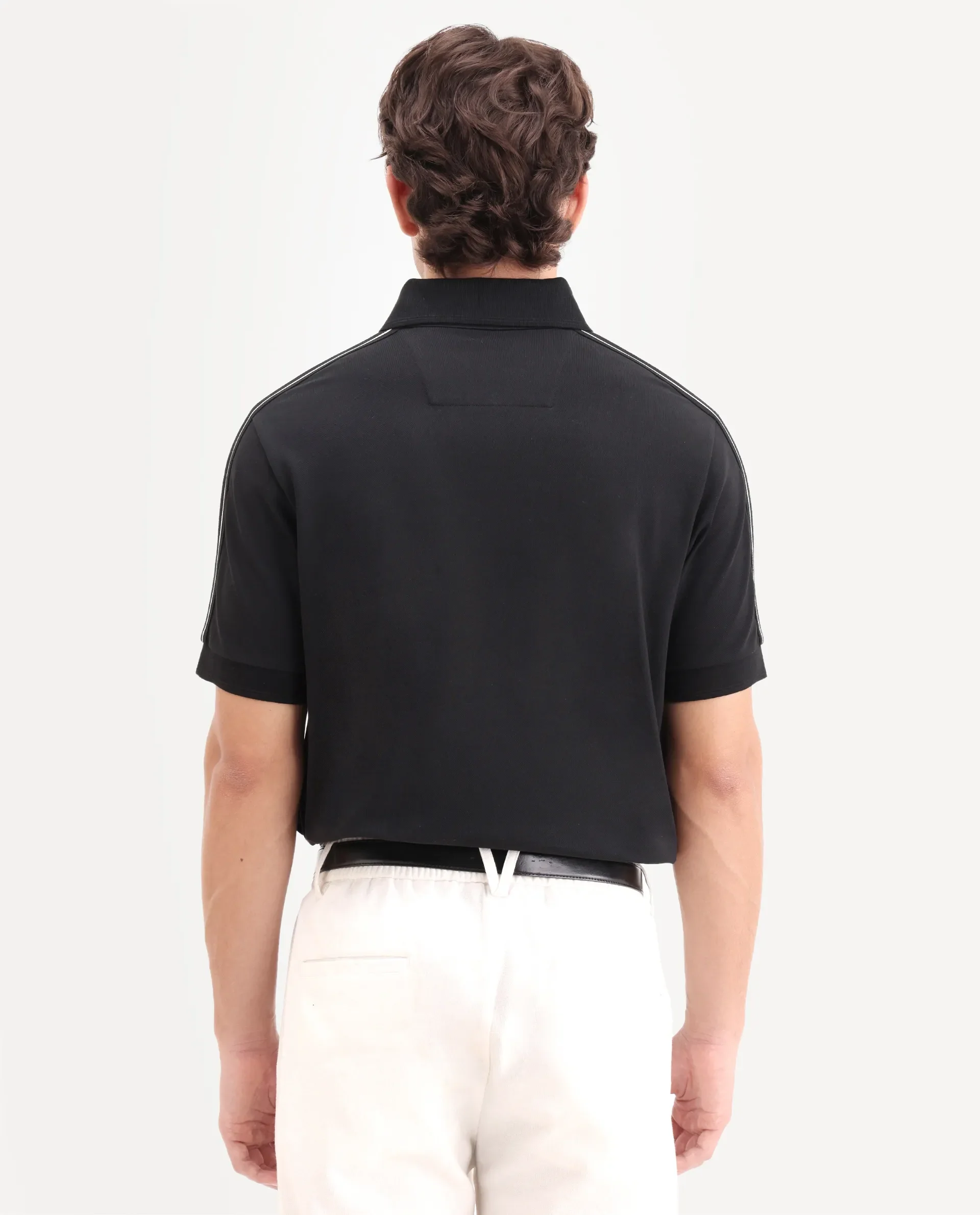 Rare Rabbit Men's Cron-S26 Black Cotton Blend Fabric Half Sleeve Spread Collar Regular Fit Plain Polo - Image 8