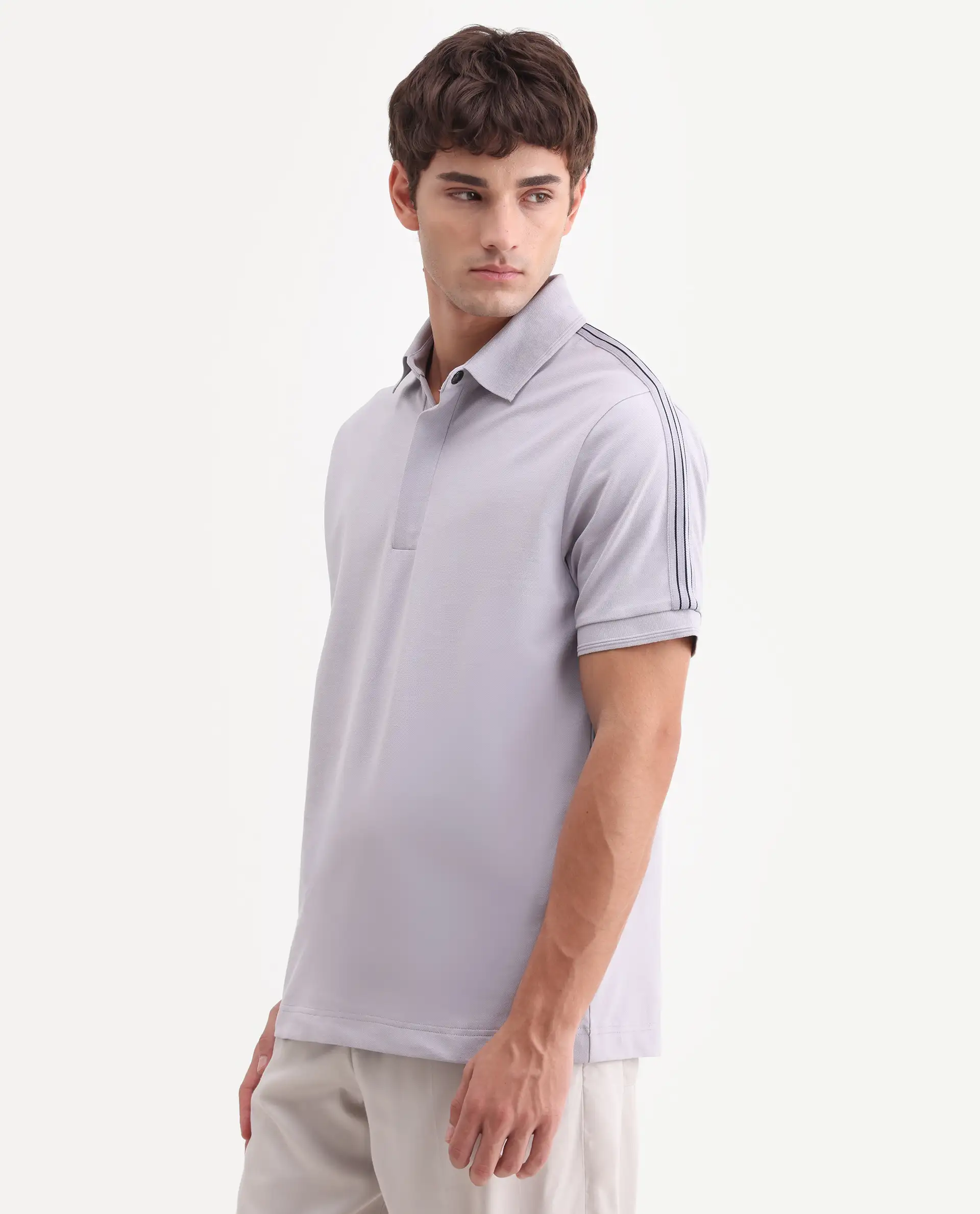 Rare Rabbit Men's Cron-S26 Pastel Purple Cotton Blend Fabric Half Sleeve Spread Collar Regular Fit Plain Polo - Image 4