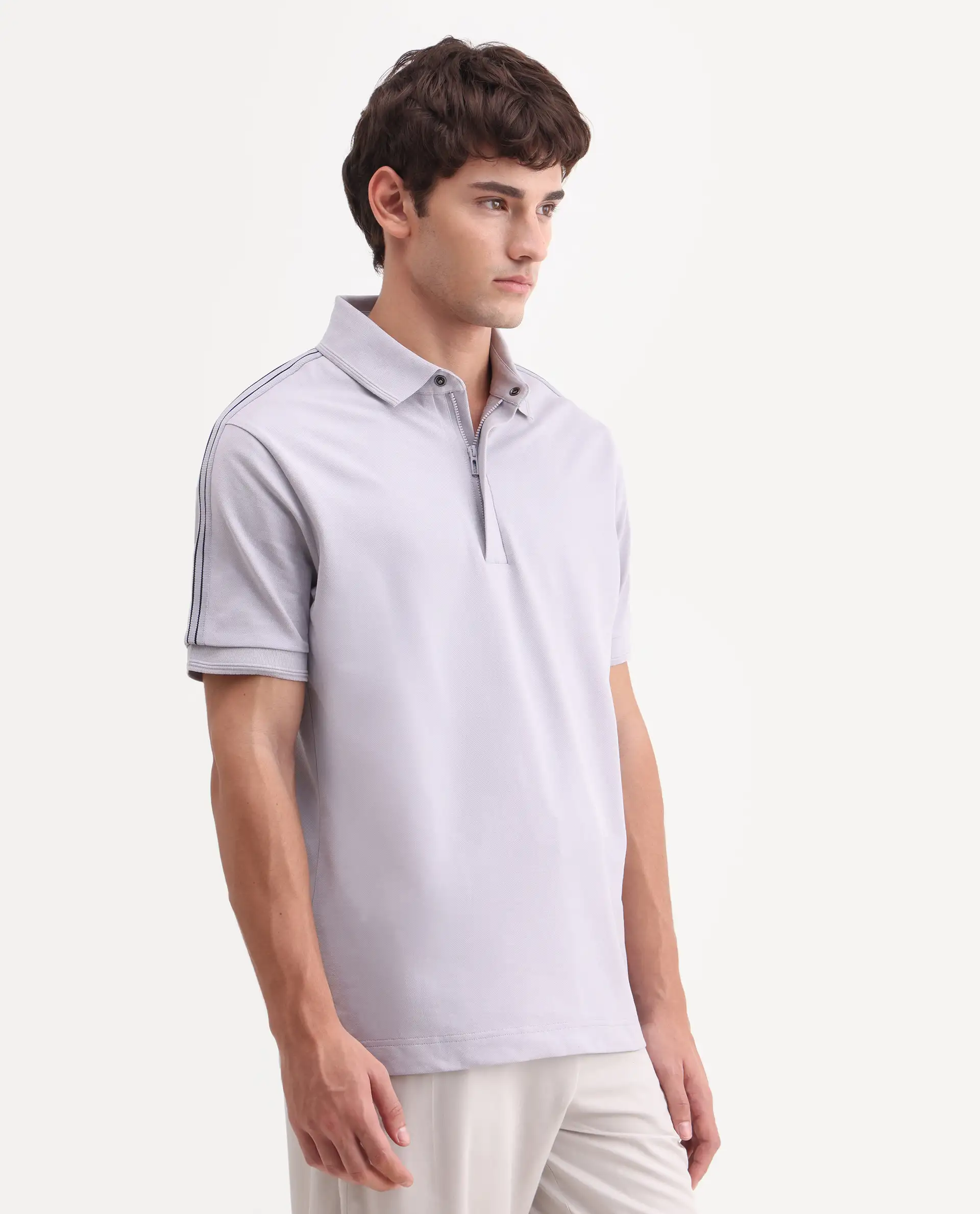 Rare Rabbit Men's Cron-S26 Pastel Purple Cotton Blend Fabric Half Sleeve Spread Collar Regular Fit Plain Polo - Image 5