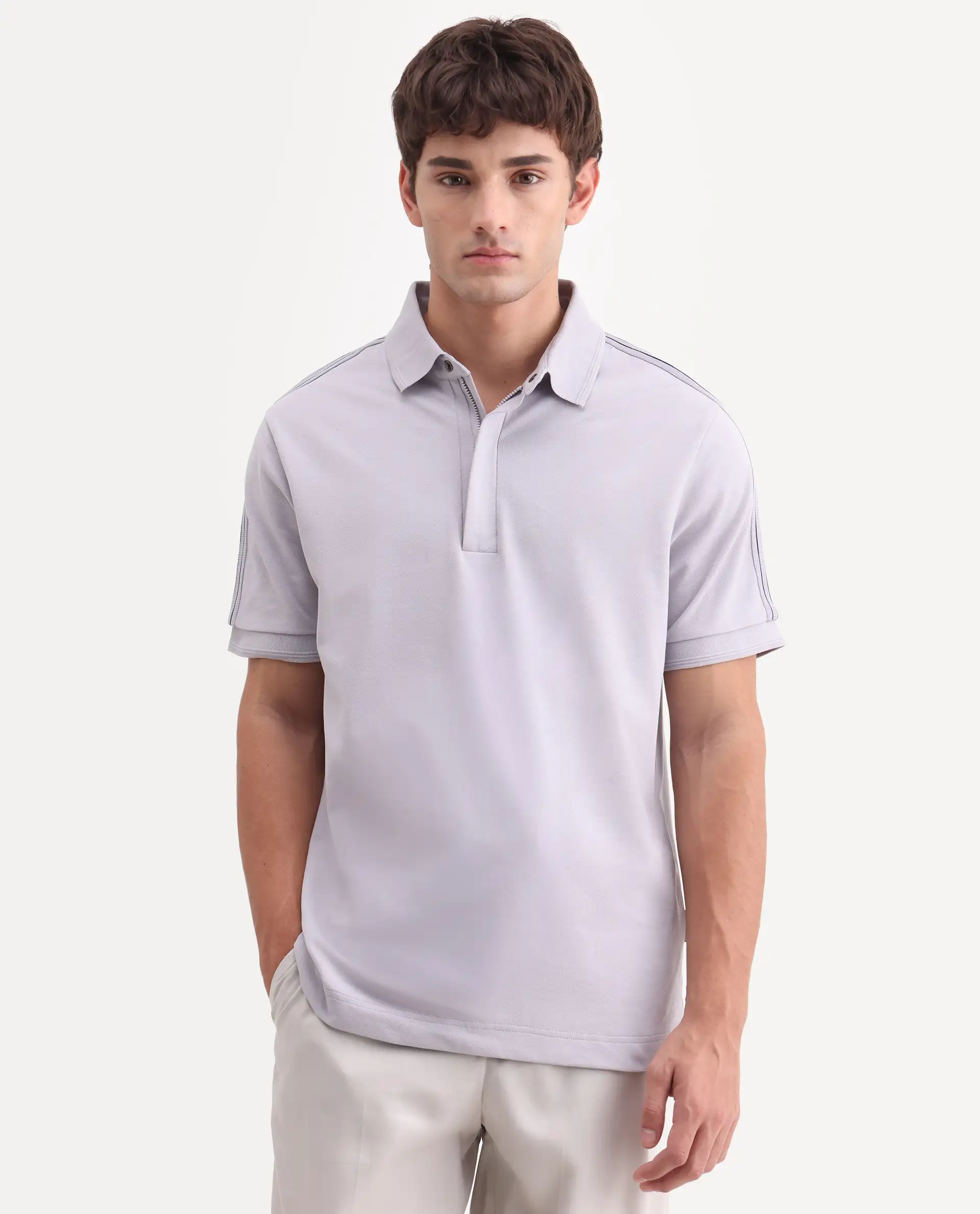 Rare Rabbit Men's Cron-S26 Pastel Purple Cotton Blend Fabric Half Sleeve Spread Collar Regular Fit Plain Polo - Image 6