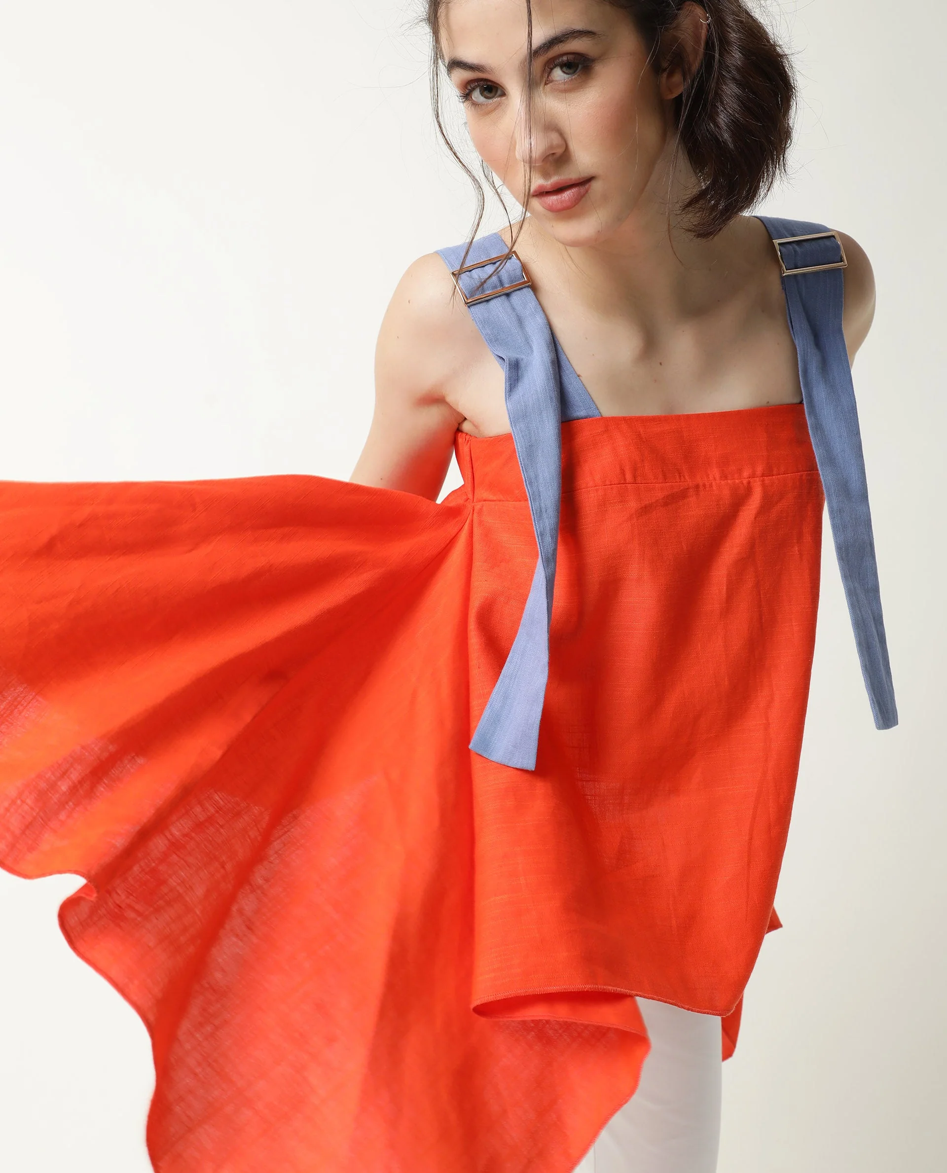 Rareism Womens Cronicle Blue Top Cotton Linen Fabric Regular Fit Sleeveless Square Neck