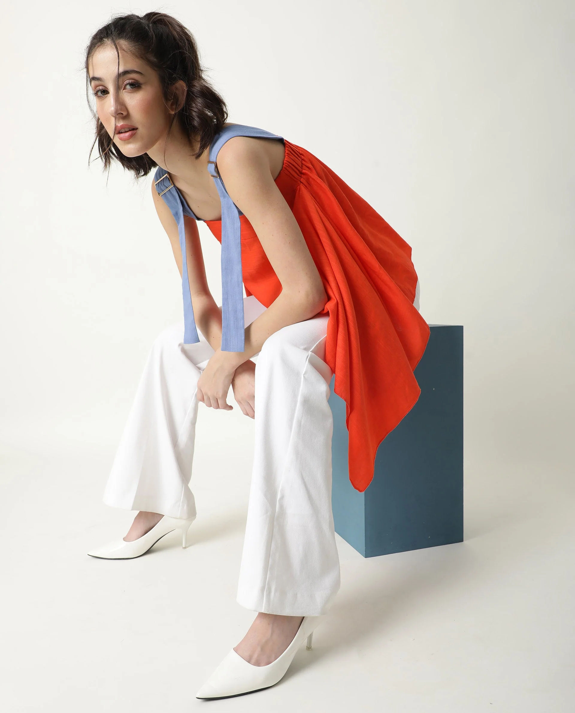 Rareism Womens Cronicle Blue Top Cotton Linen Fabric Regular Fit Sleeveless Square Neck - Image 10