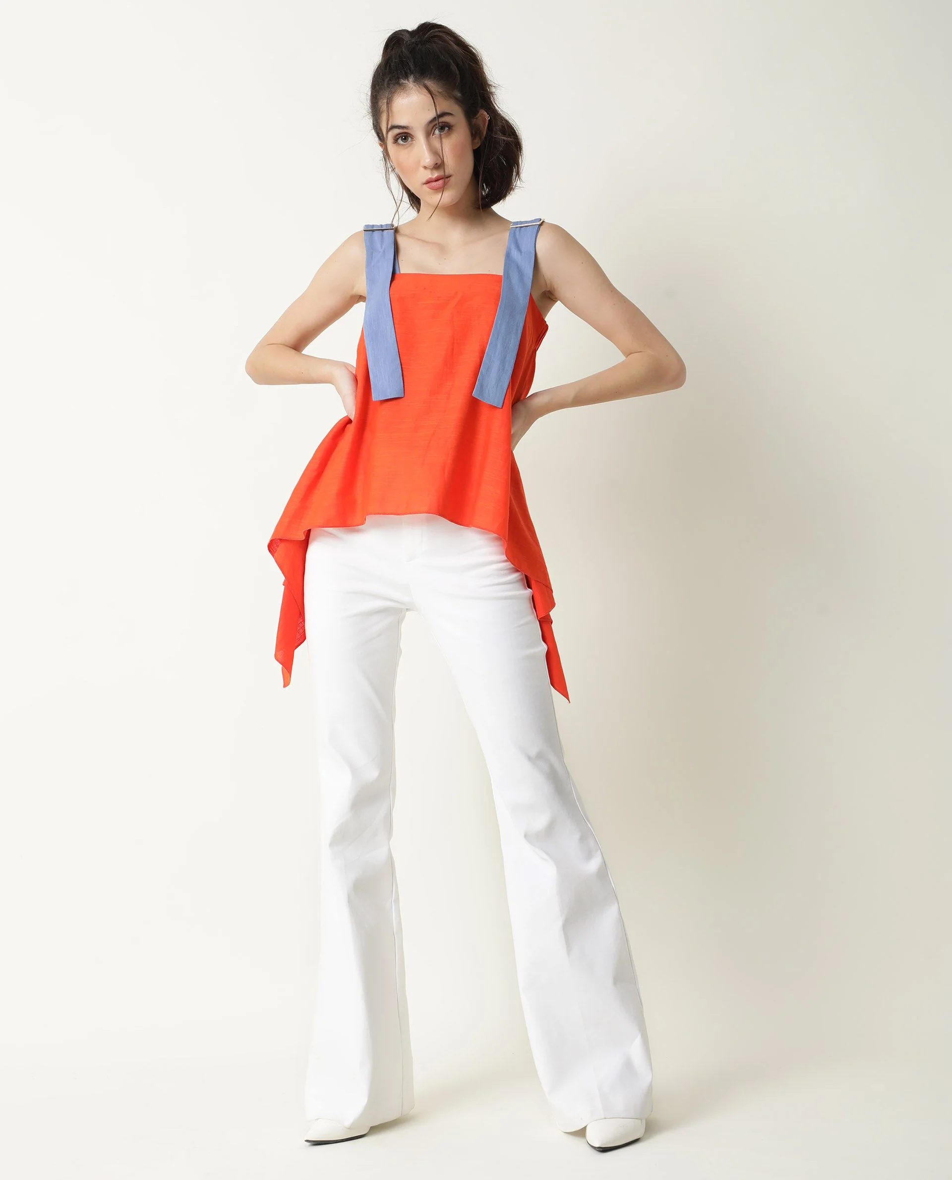 Rareism Womens Cronicle Blue Top Cotton Linen Fabric Regular Fit Sleeveless Square Neck - Image 2
