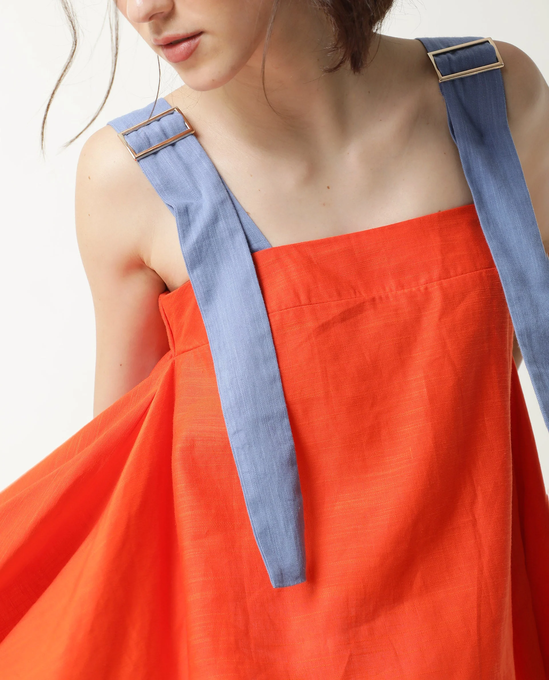 Rareism Womens Cronicle Blue Top Cotton Linen Fabric Regular Fit Sleeveless Square Neck - Image 3