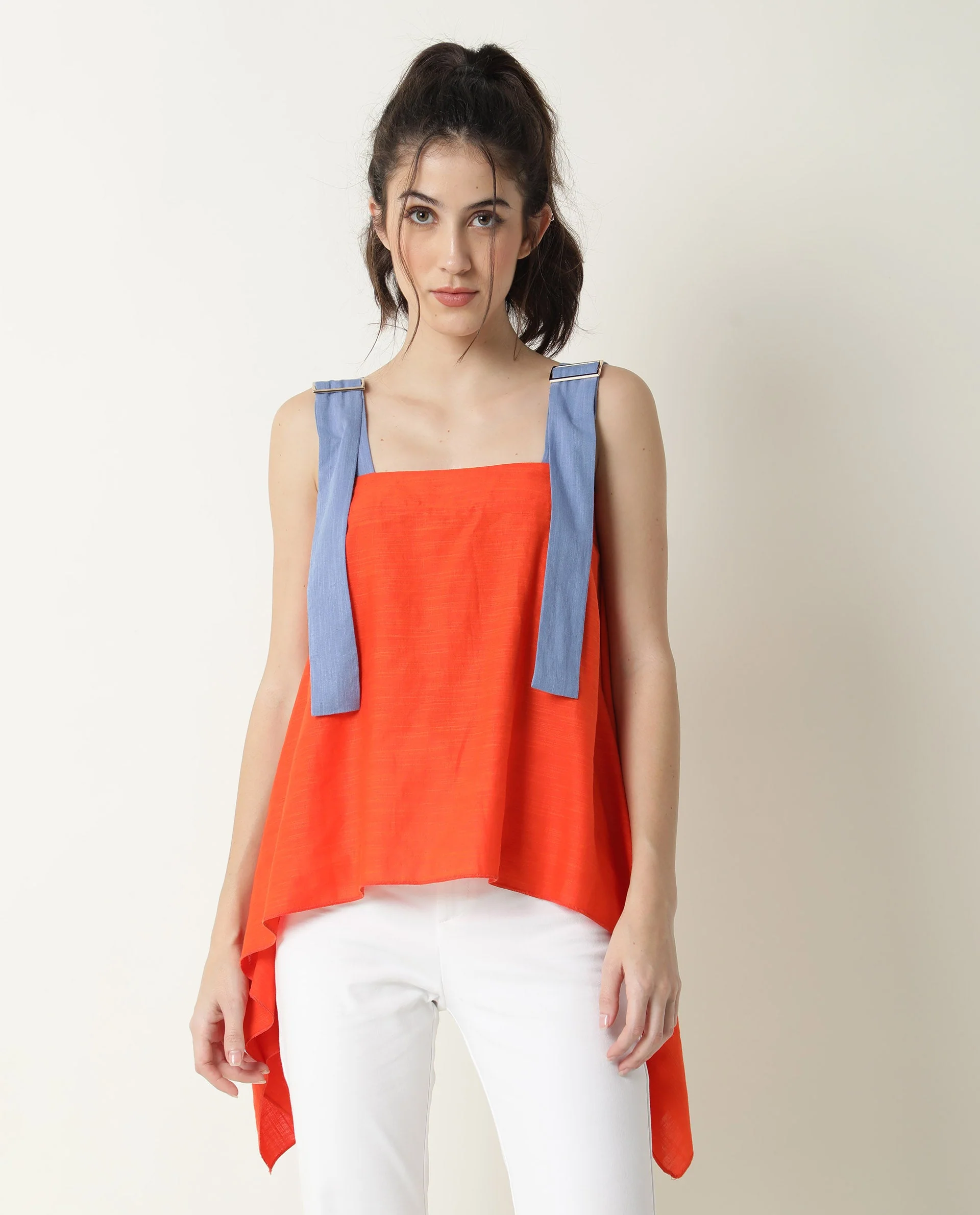 Rareism Womens Cronicle Blue Top Cotton Linen Fabric Regular Fit Sleeveless Square Neck - Image 4