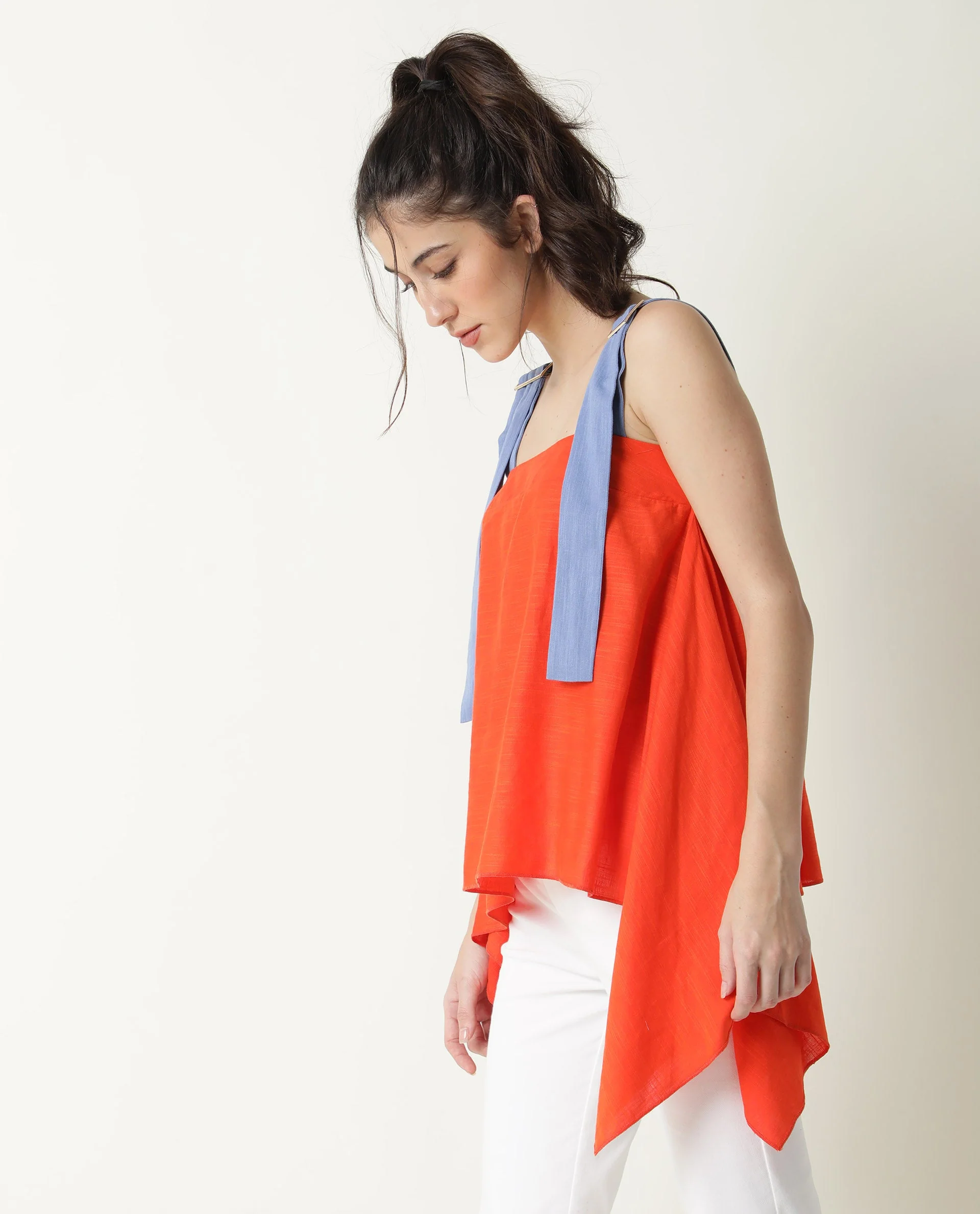 Rareism Womens Cronicle Blue Top Cotton Linen Fabric Regular Fit Sleeveless Square Neck - Image 5
