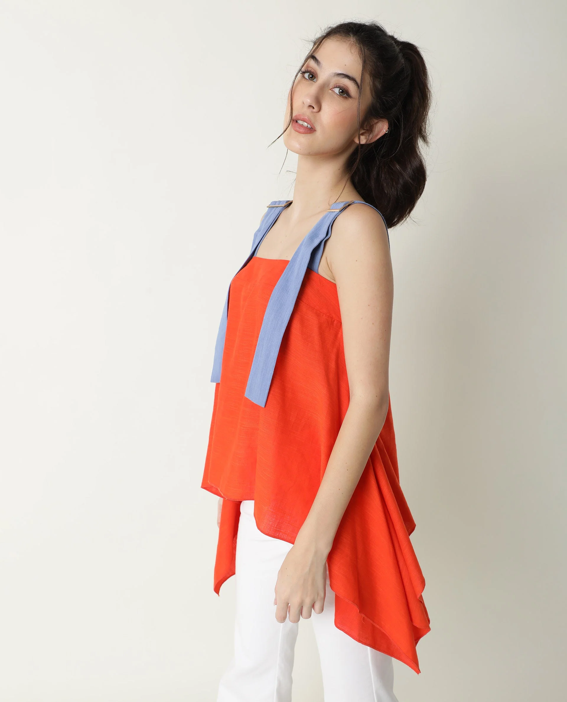 Rareism Womens Cronicle Blue Top Cotton Linen Fabric Regular Fit Sleeveless Square Neck - Image 6