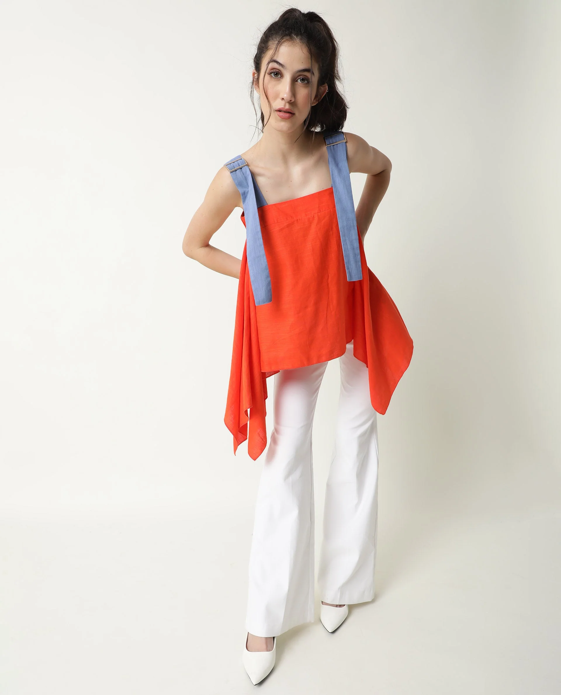 Rareism Womens Cronicle Blue Top Cotton Linen Fabric Regular Fit Sleeveless Square Neck - Image 7