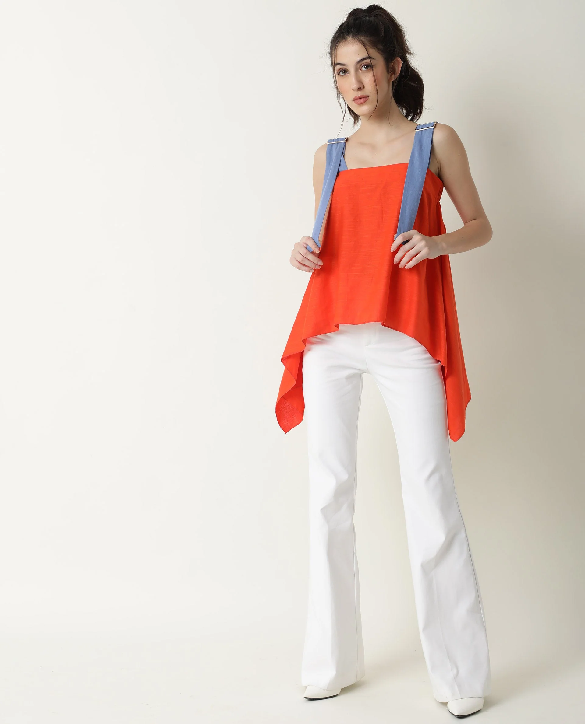 Rareism Womens Cronicle Blue Top Cotton Linen Fabric Regular Fit Sleeveless Square Neck - Image 8