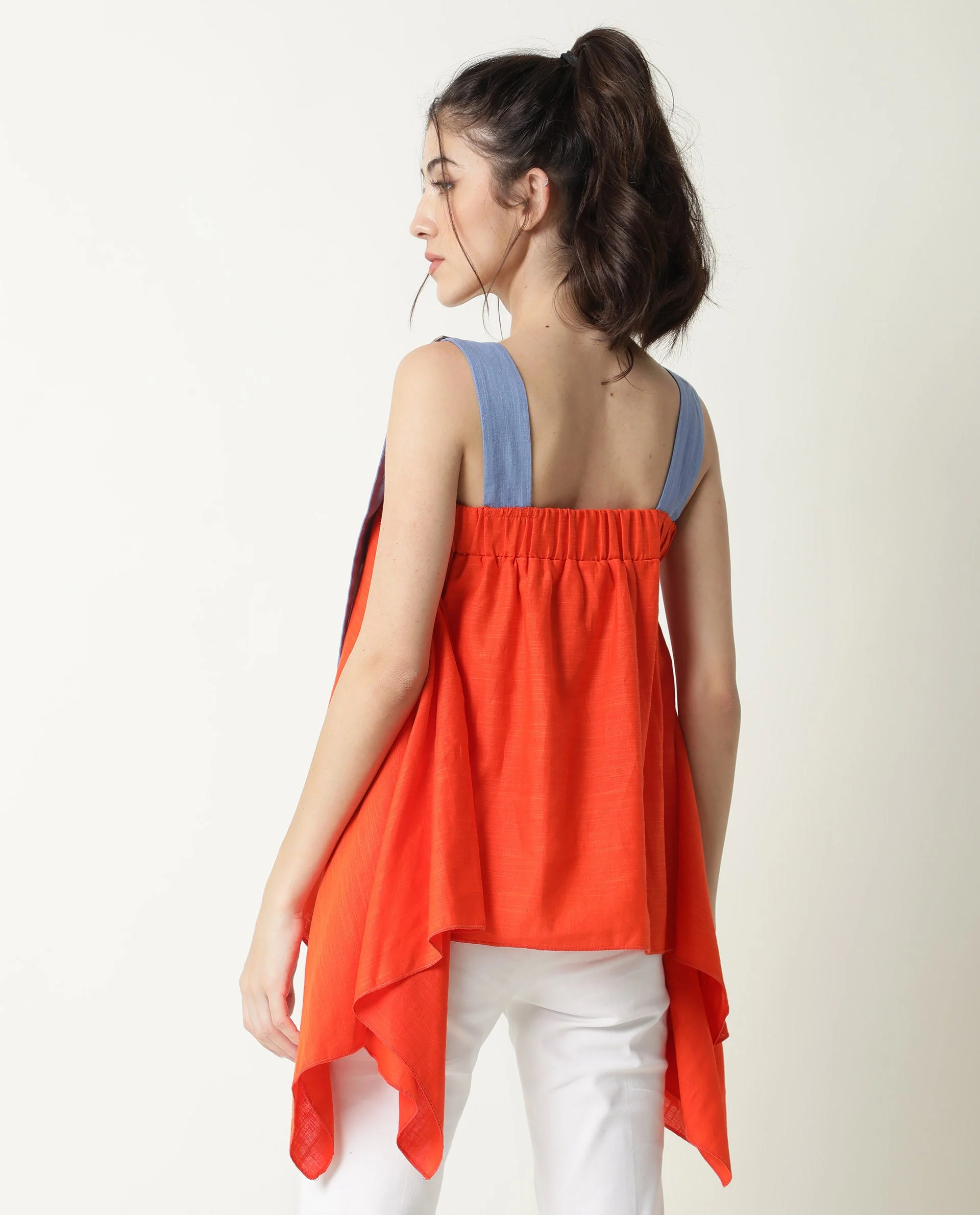 Rareism Womens Cronicle Blue Top Cotton Linen Fabric Regular Fit Sleeveless Square Neck - Image 9