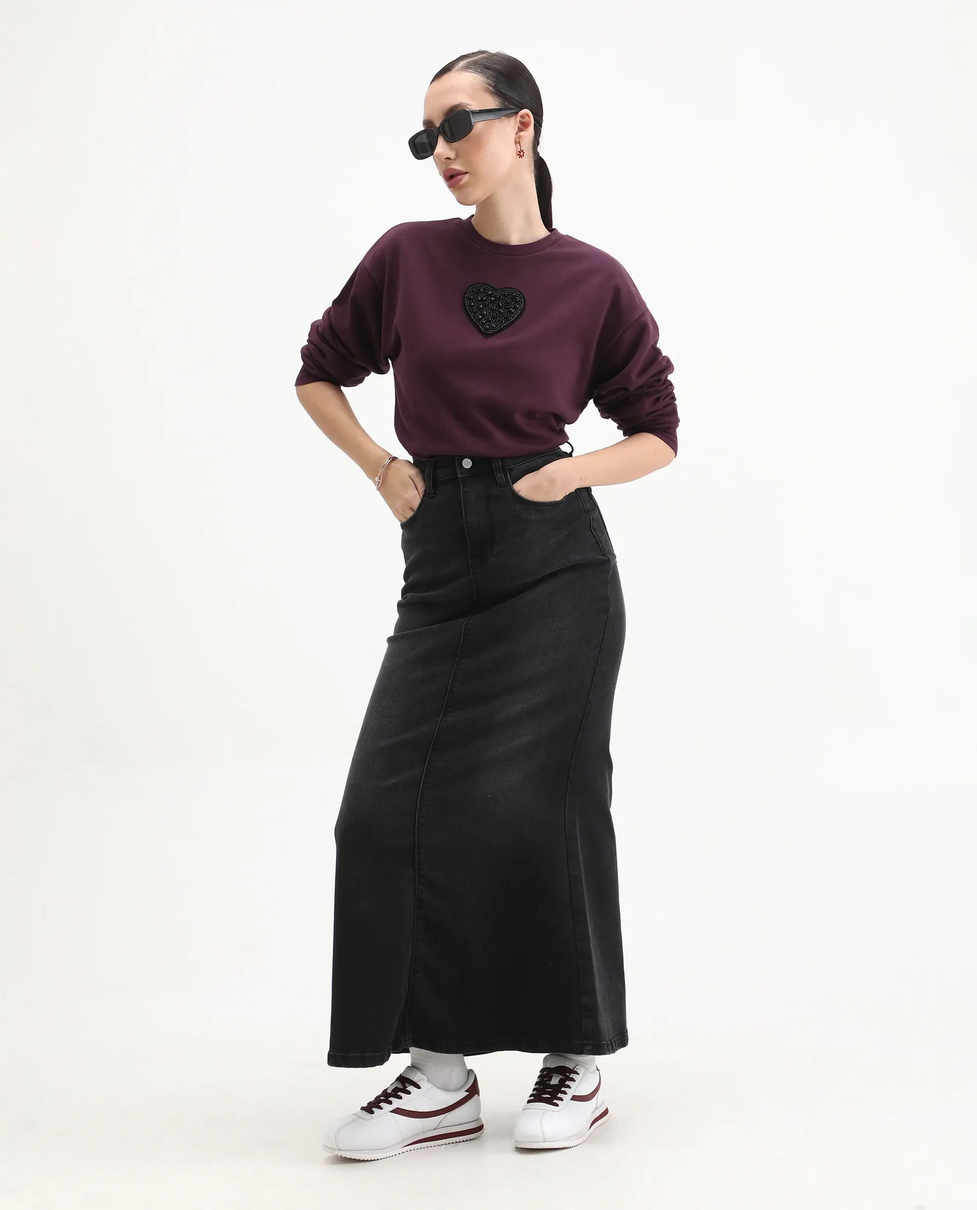 Rareism Women's Cros Dark Maroon Cotton Blend Crew Neck Regular Fit Printed Sweatshirt - Image 2