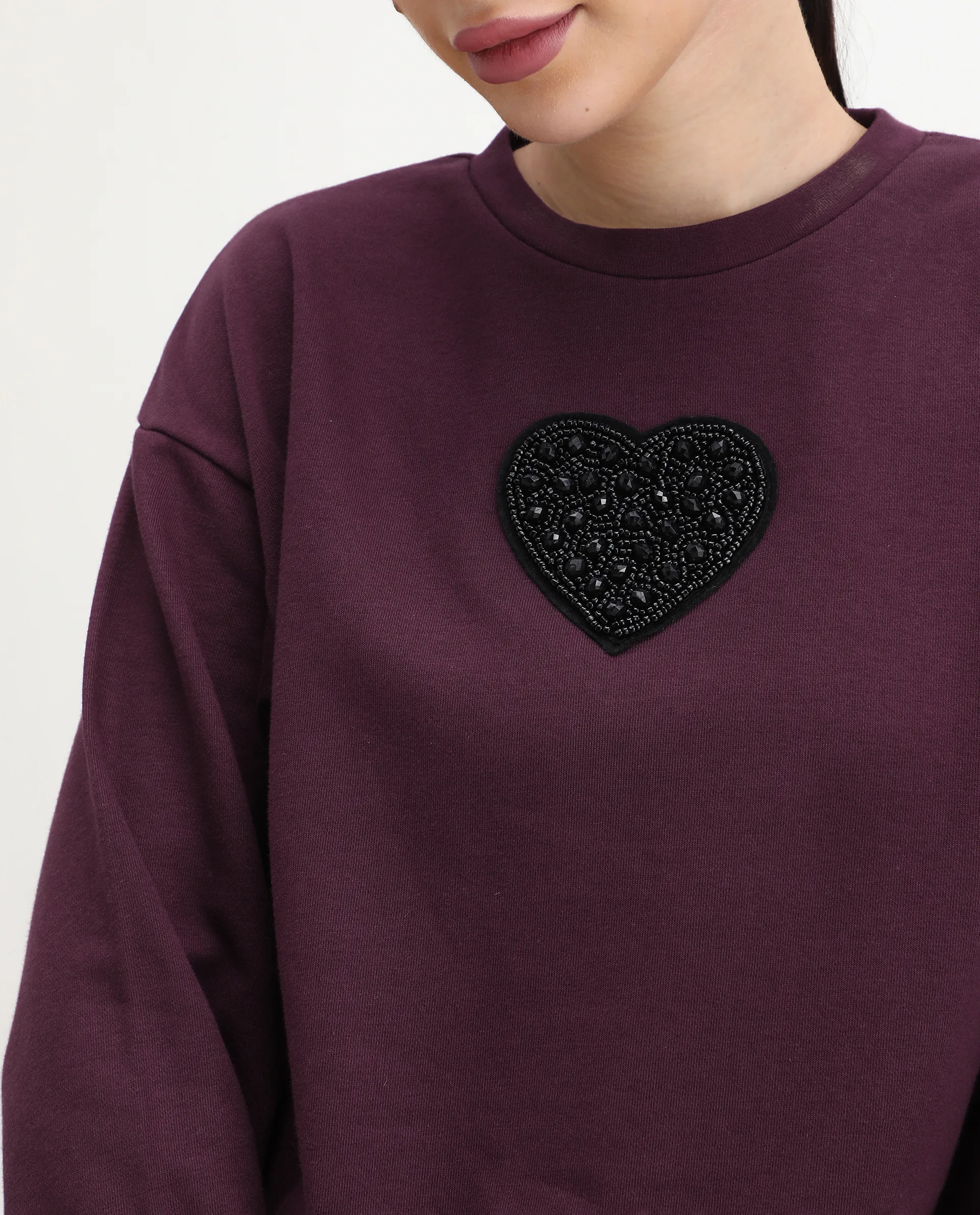 Rareism Women's Cros Dark Maroon Cotton Blend Crew Neck Regular Fit Printed Sweatshirt - Image 3