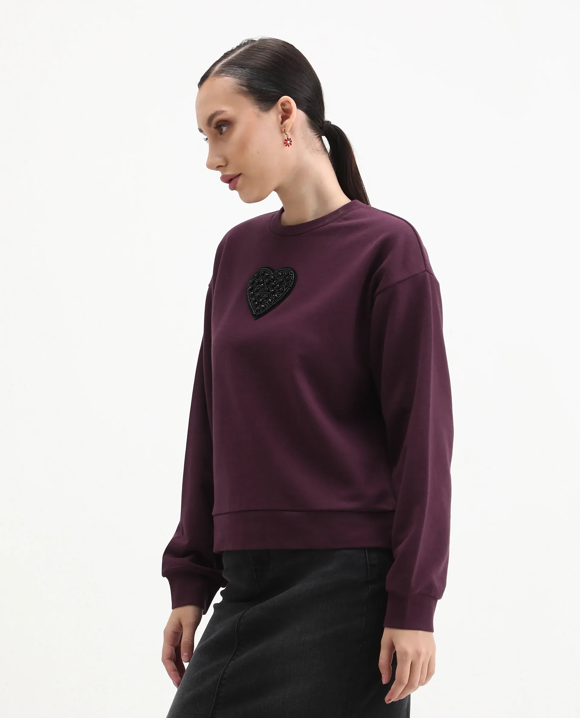 Rareism Women's Cros Dark Maroon Cotton Blend Crew Neck Regular Fit Printed Sweatshirt - Image 4