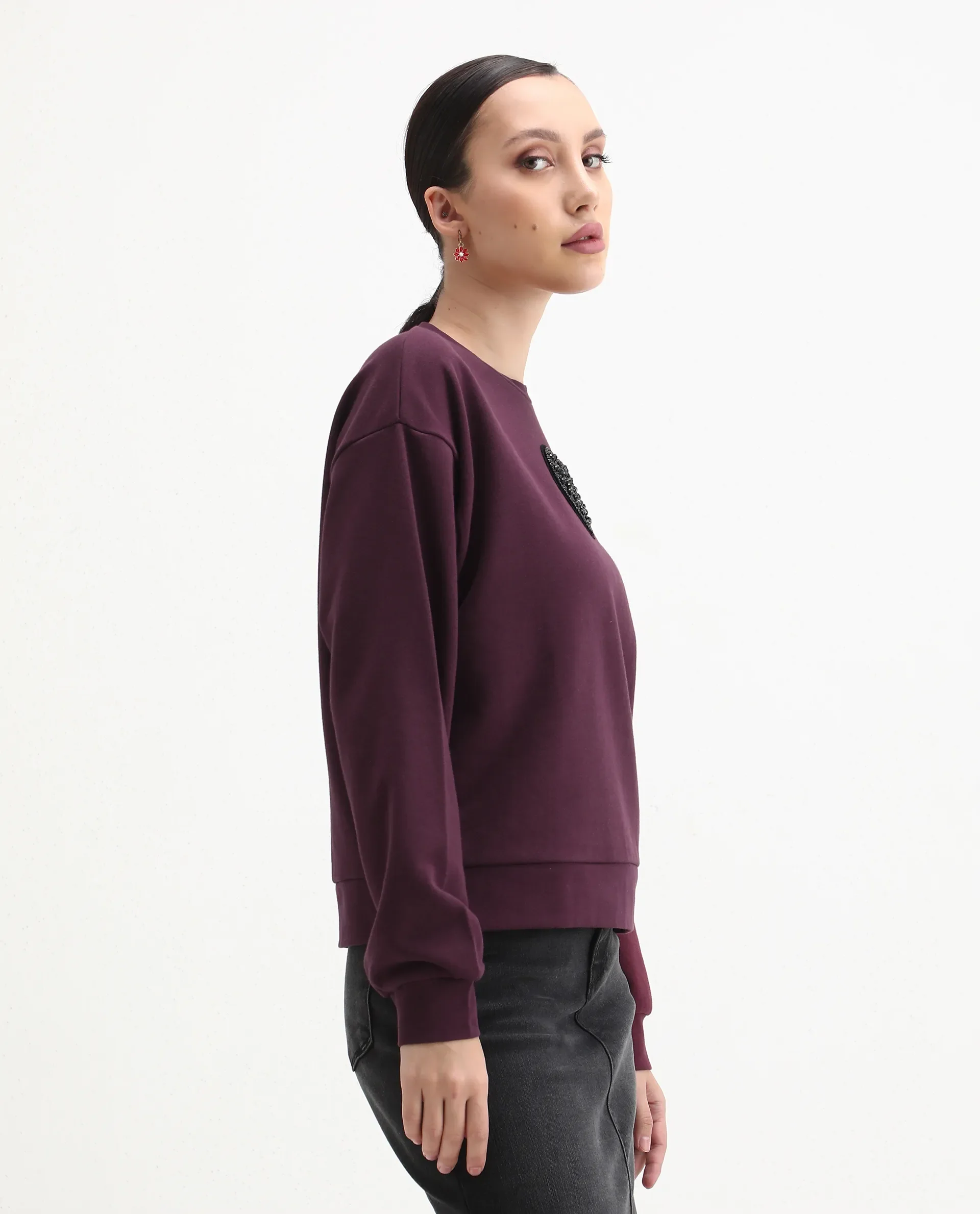 Rareism Women's Cros Dark Maroon Cotton Blend Crew Neck Regular Fit Printed Sweatshirt - Image 5