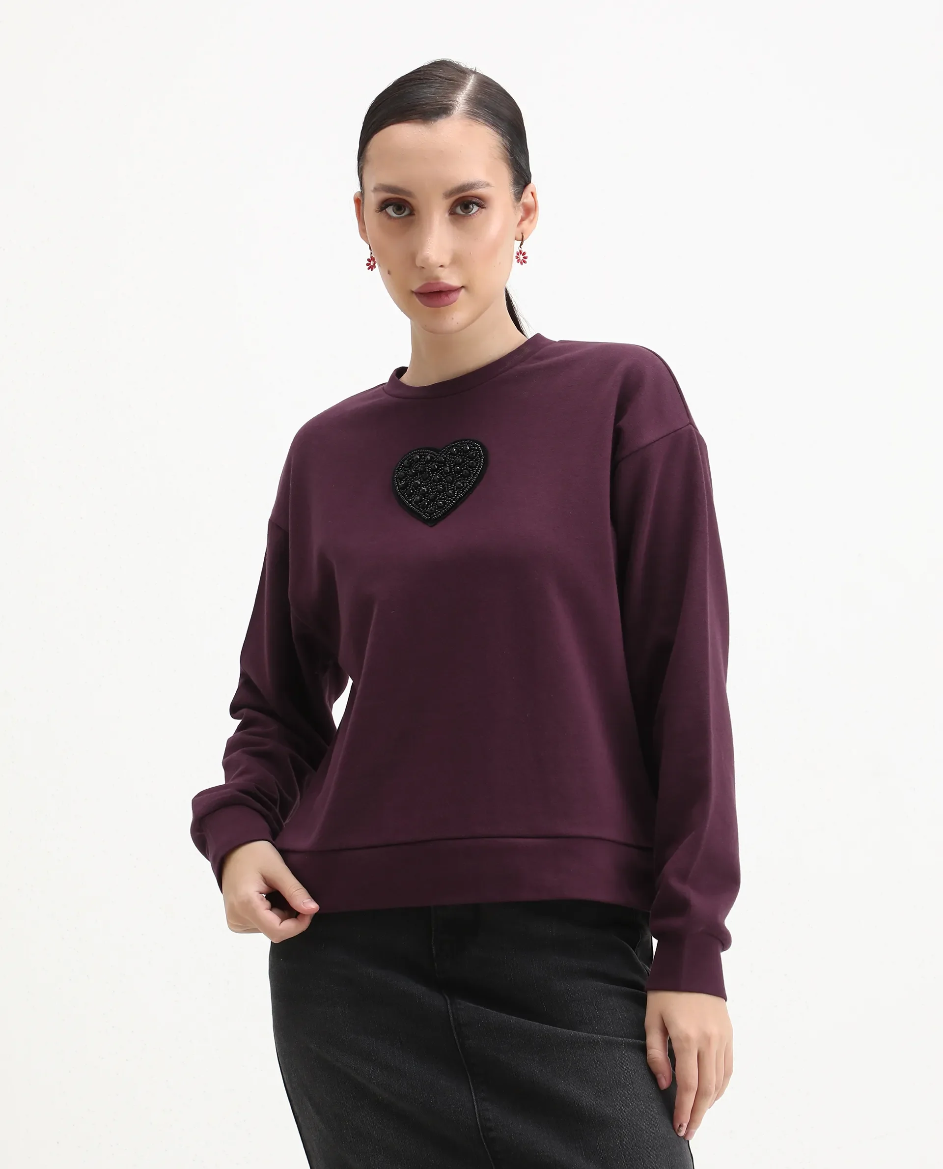 Rareism Women's Cros Dark Maroon Cotton Blend Crew Neck Regular Fit Printed Sweatshirt - Image 6