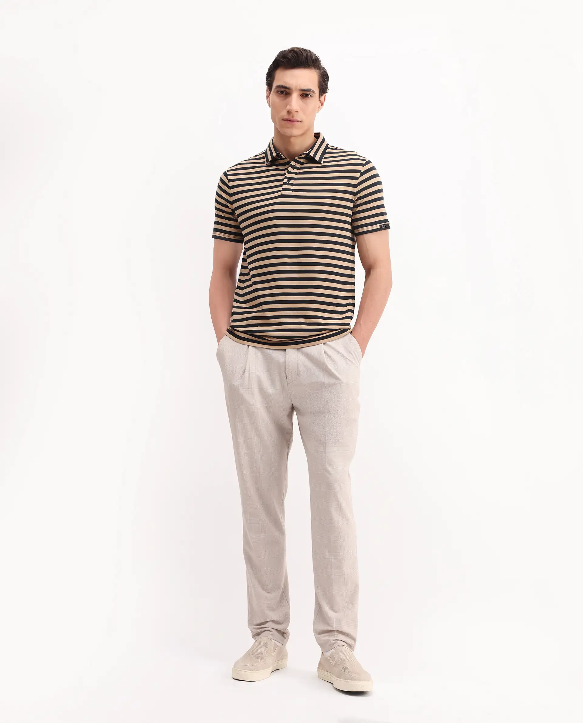 Rare Rabbit Men's Crossings Navy Cotton Striped Print Regular Fit Half Sleeve Polo - Image 2