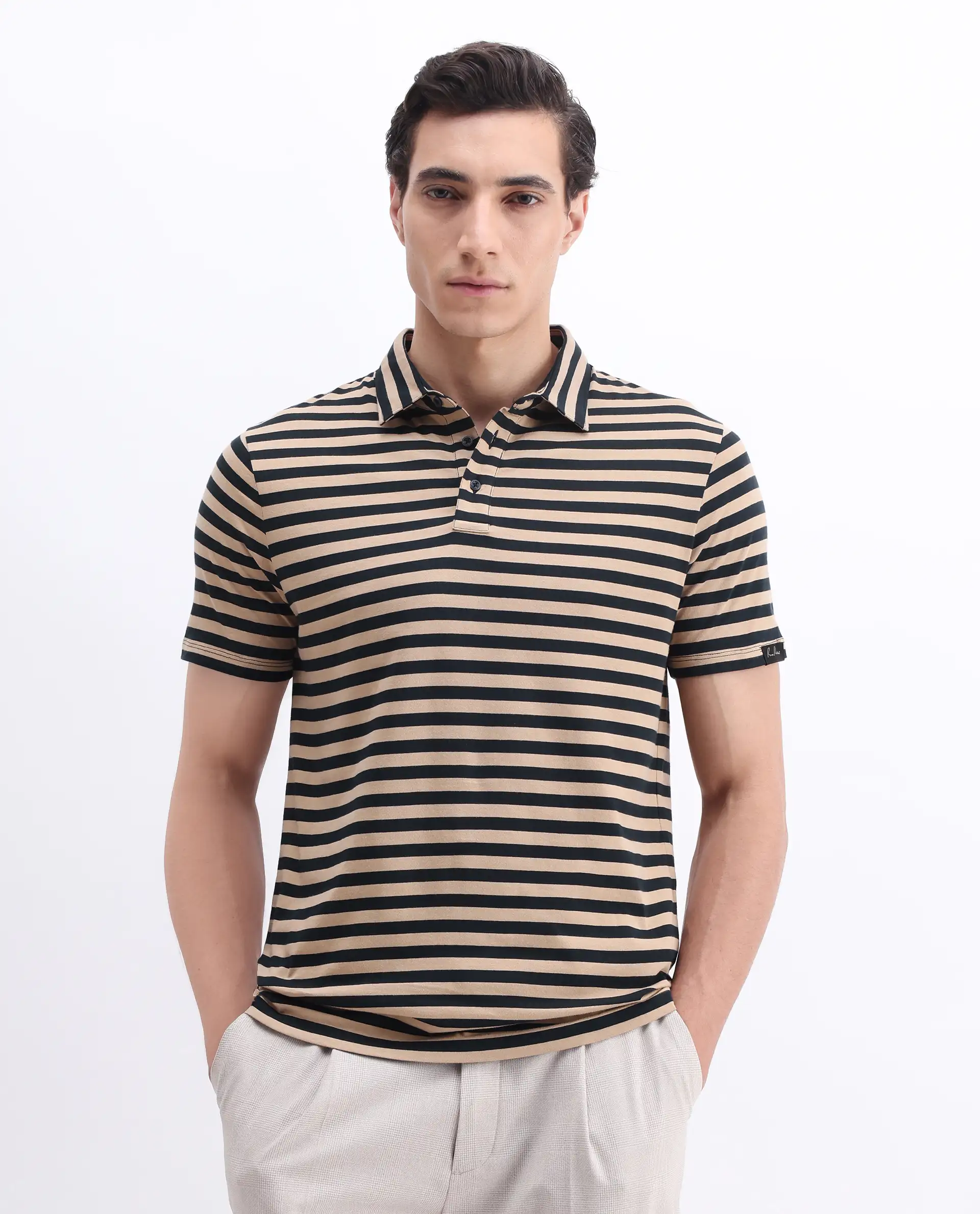 Rare Rabbit Men's Crossings Navy Cotton Striped Print Regular Fit Half Sleeve Polo - Image 3