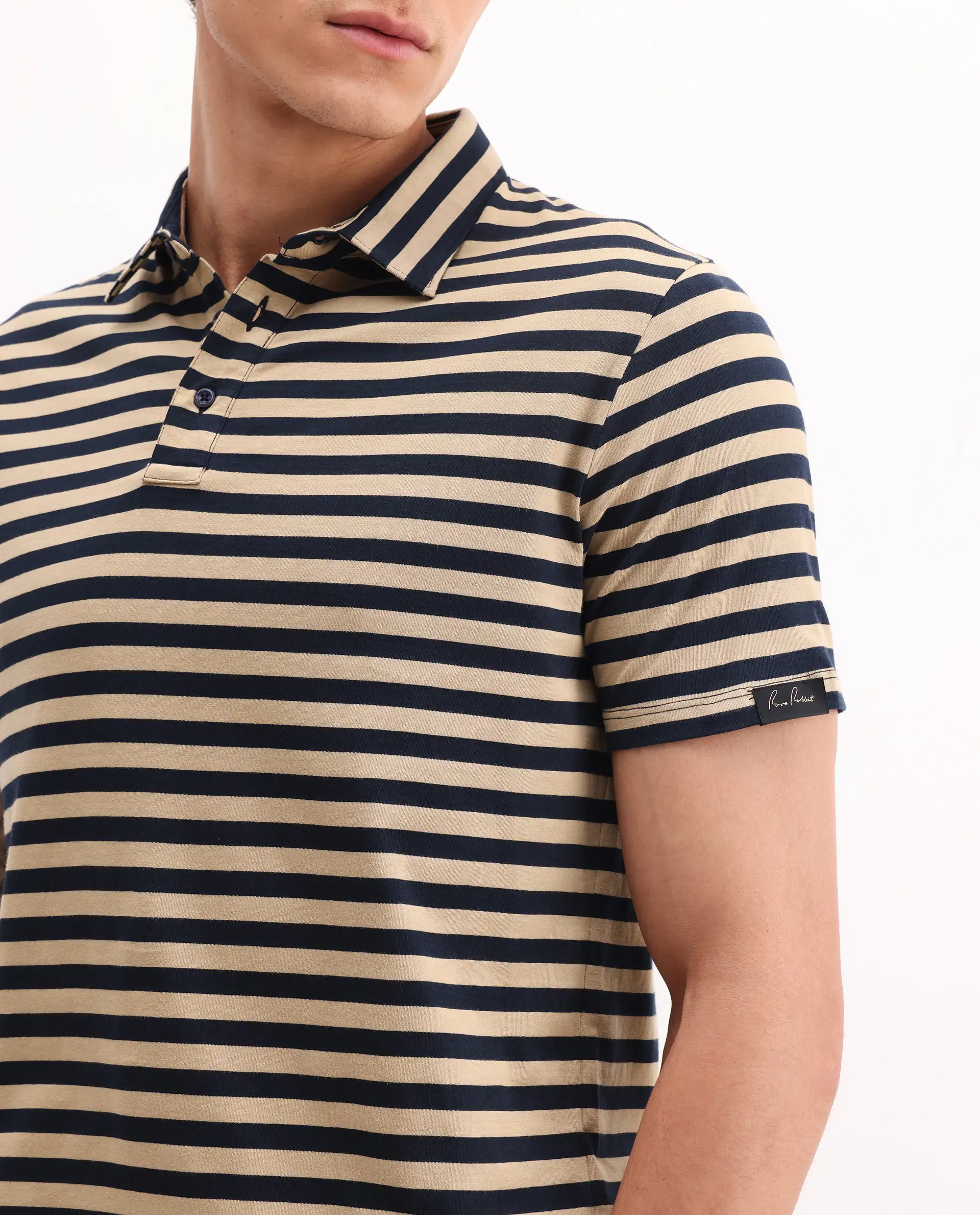 Rare Rabbit Men's Crossings Navy Cotton Striped Print Regular Fit Half Sleeve Polo - Image 4