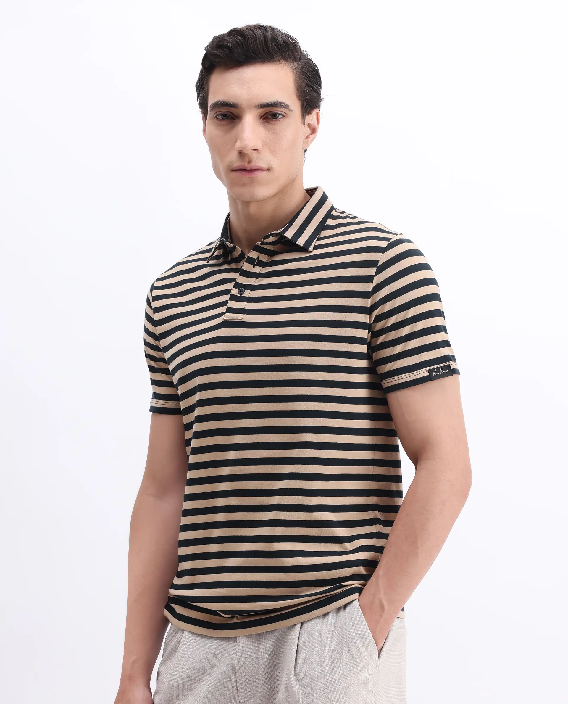 Rare Rabbit Men's Crossings Navy Cotton Striped Print Regular Fit Half Sleeve Polo - Image 5