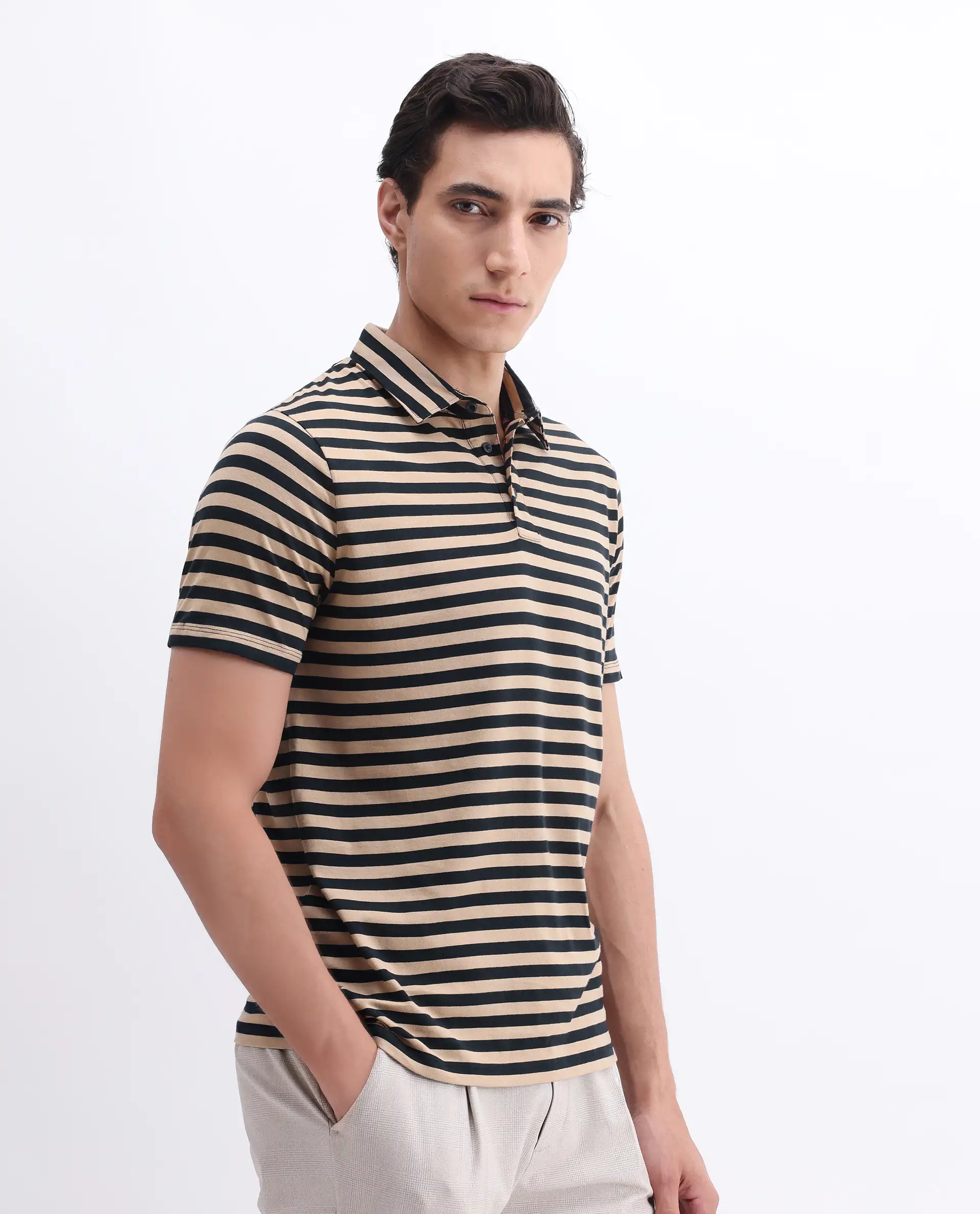 Rare Rabbit Men's Crossings Navy Cotton Striped Print Regular Fit Half Sleeve Polo - Image 6