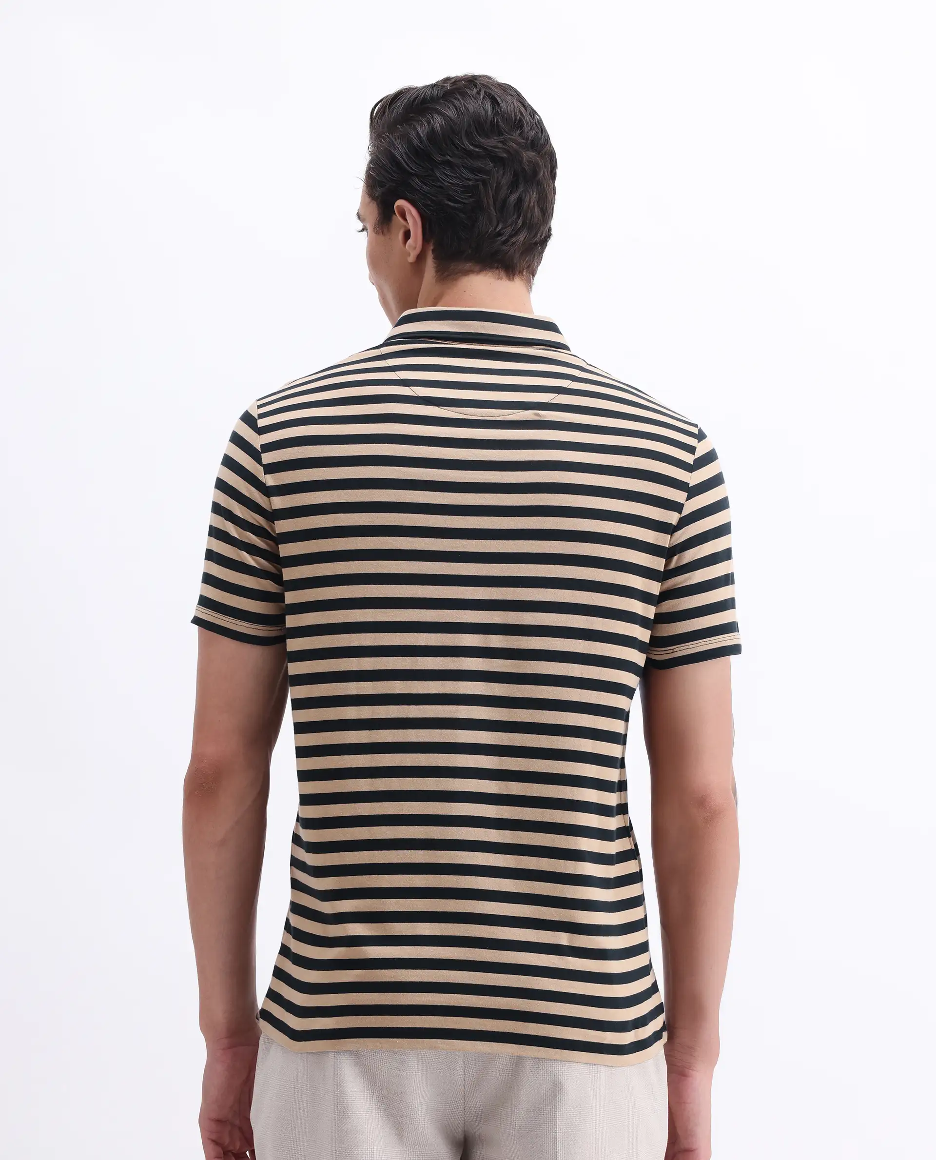 Rare Rabbit Men's Crossings Navy Cotton Striped Print Regular Fit Half Sleeve Polo - Image 7