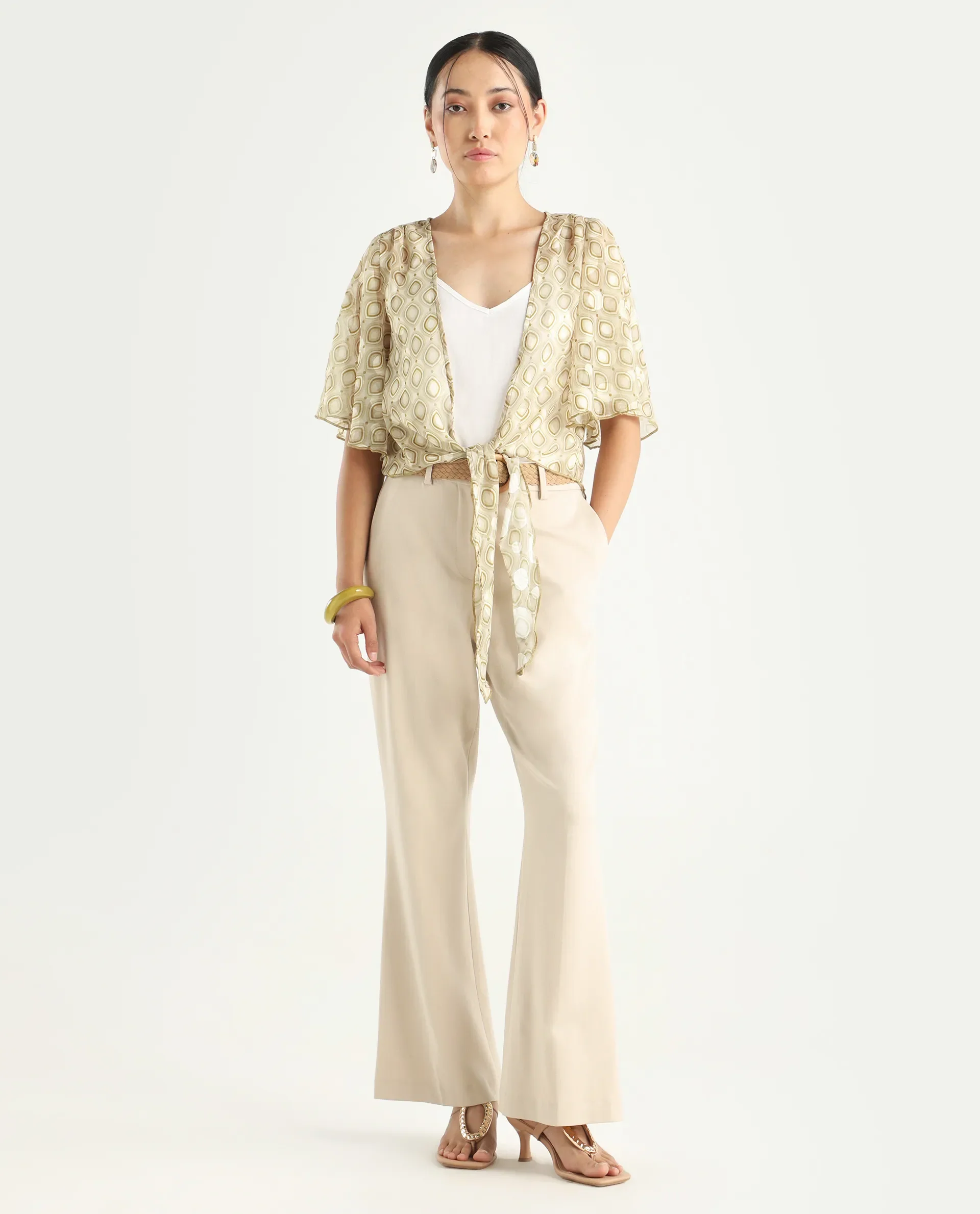 Rareism Women's Crotone Light Beige Polyester Collarless Geometric Print Ruffled Sleeve Crop Relaxed Fit Top - Image 2