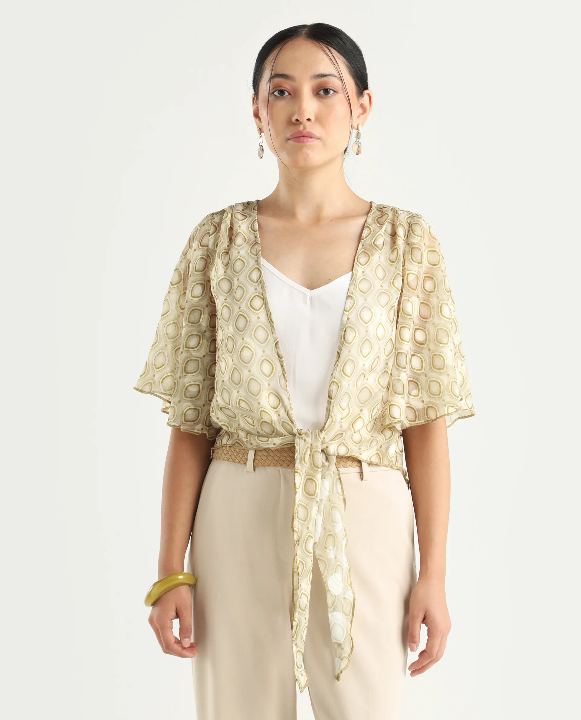 Rareism Women's Crotone Light Beige Polyester Collarless Geometric Print Ruffled Sleeve Crop Relaxed Fit Top - Image 3