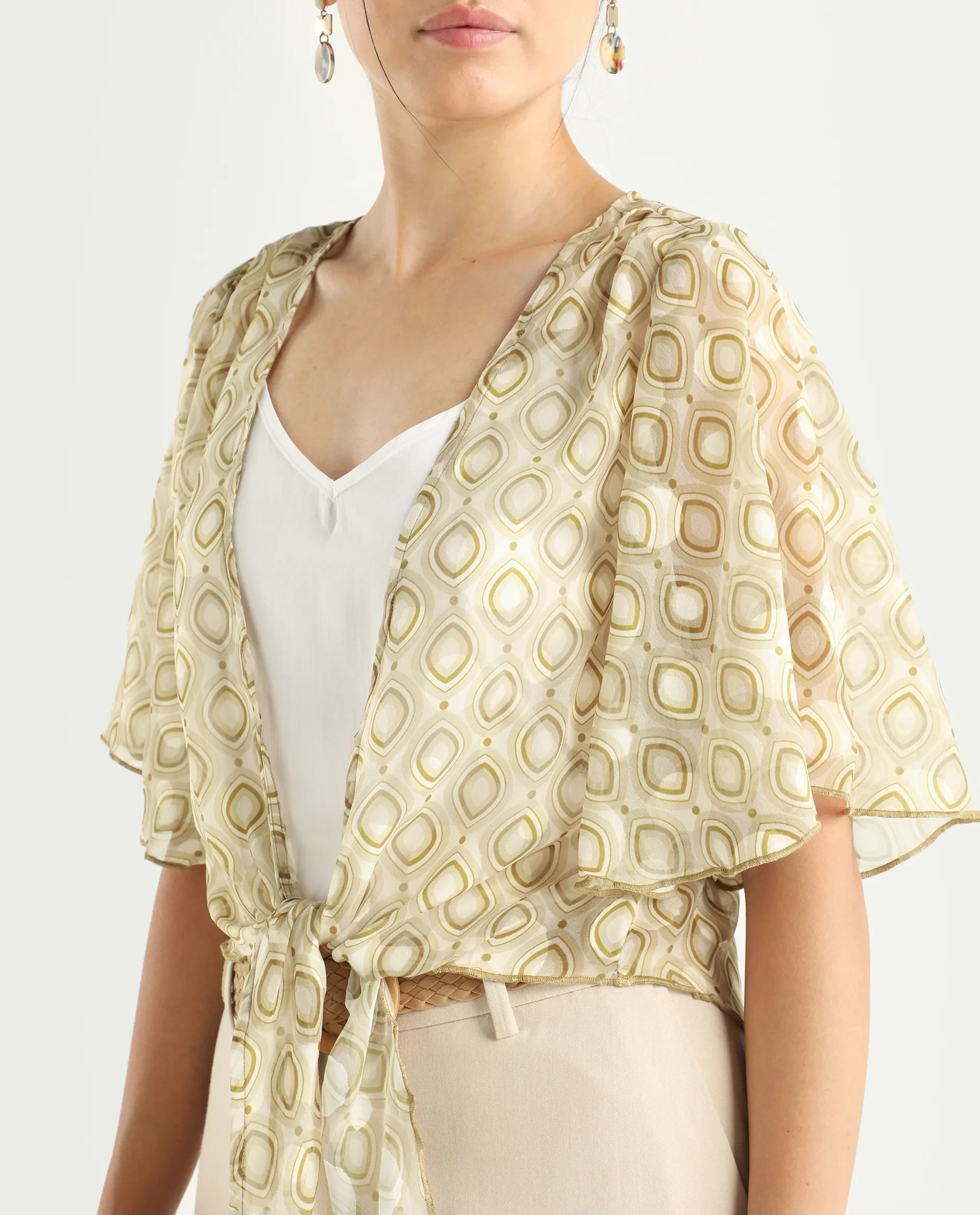 Rareism Women's Crotone Light Beige Polyester Collarless Geometric Print Ruffled Sleeve Crop Relaxed Fit Top - Image 4