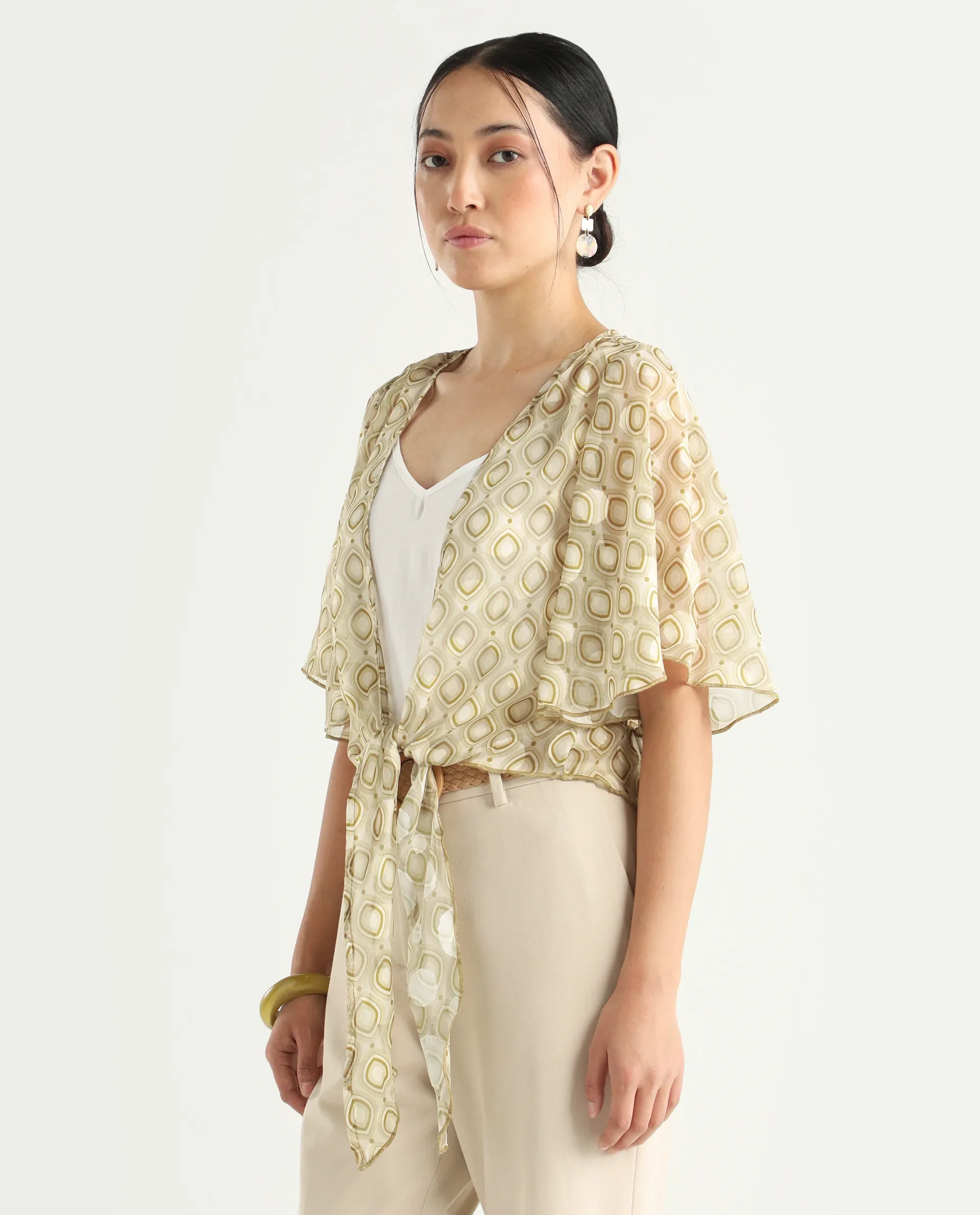Rareism Women's Crotone Light Beige Polyester Collarless Geometric Print Ruffled Sleeve Crop Relaxed Fit Top - Image 5