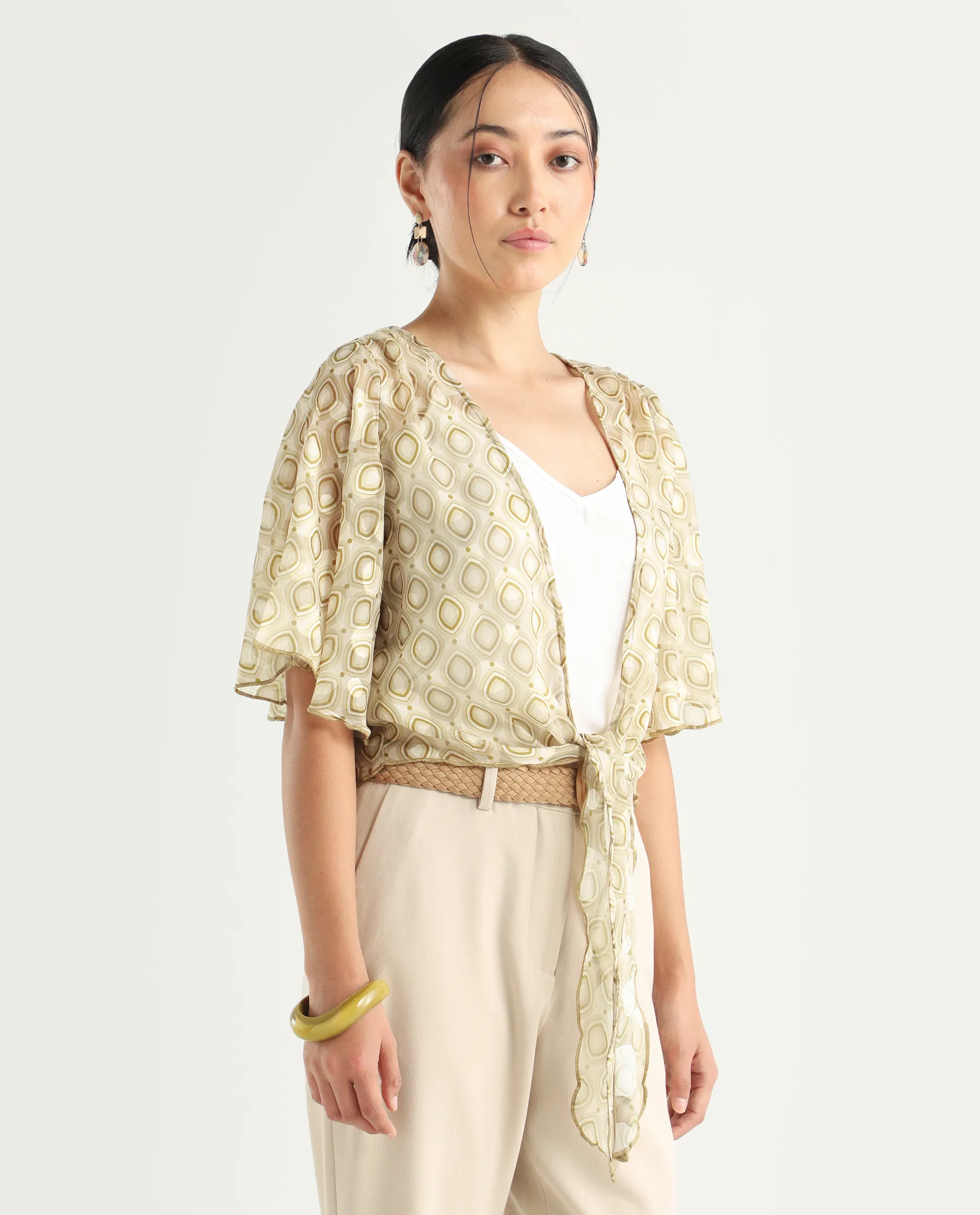 Rareism Women's Crotone Light Beige Polyester Collarless Geometric Print Ruffled Sleeve Crop Relaxed Fit Top - Image 6