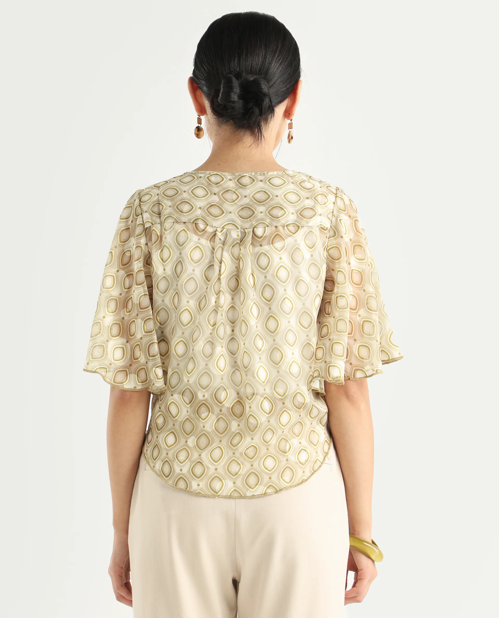 Rareism Women's Crotone Light Beige Polyester Collarless Geometric Print Ruffled Sleeve Crop Relaxed Fit Top - Image 7