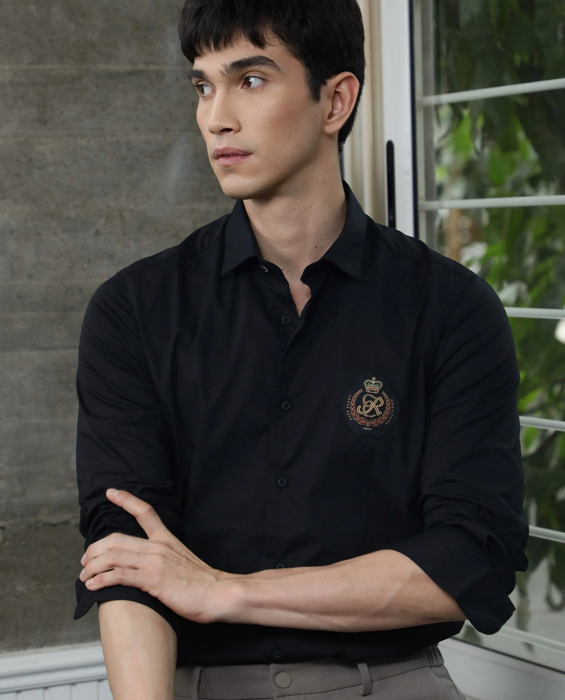 Rare Rabbit Men's Crown Black Cotton Plain Regular Fit Full Sleeve Spread Collar Shirt - Image 7