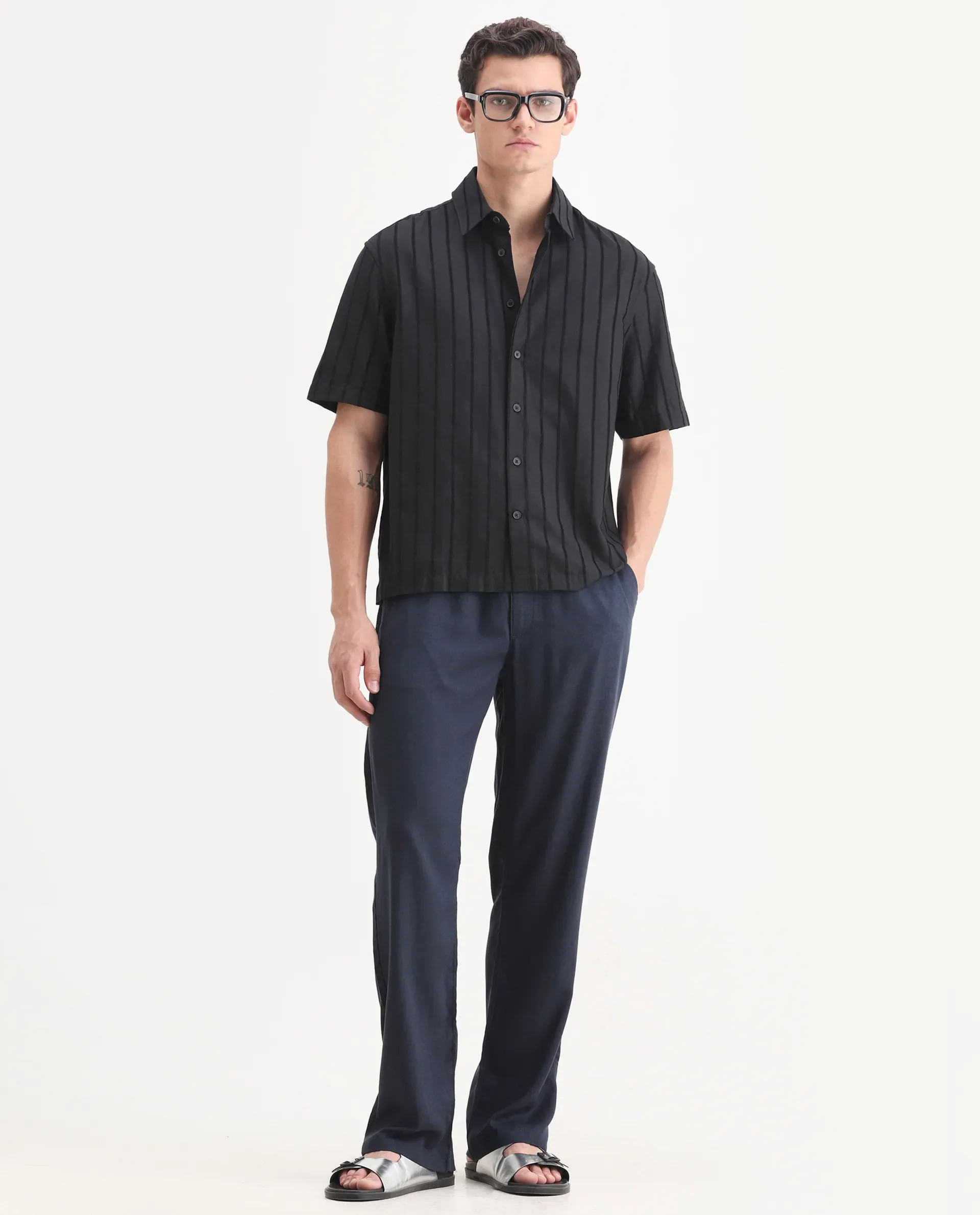 Rare Rabbit Men's Croy Black Polyester Striped Print Boxy Fit Half Sleeve Collared Shirt - Image 2