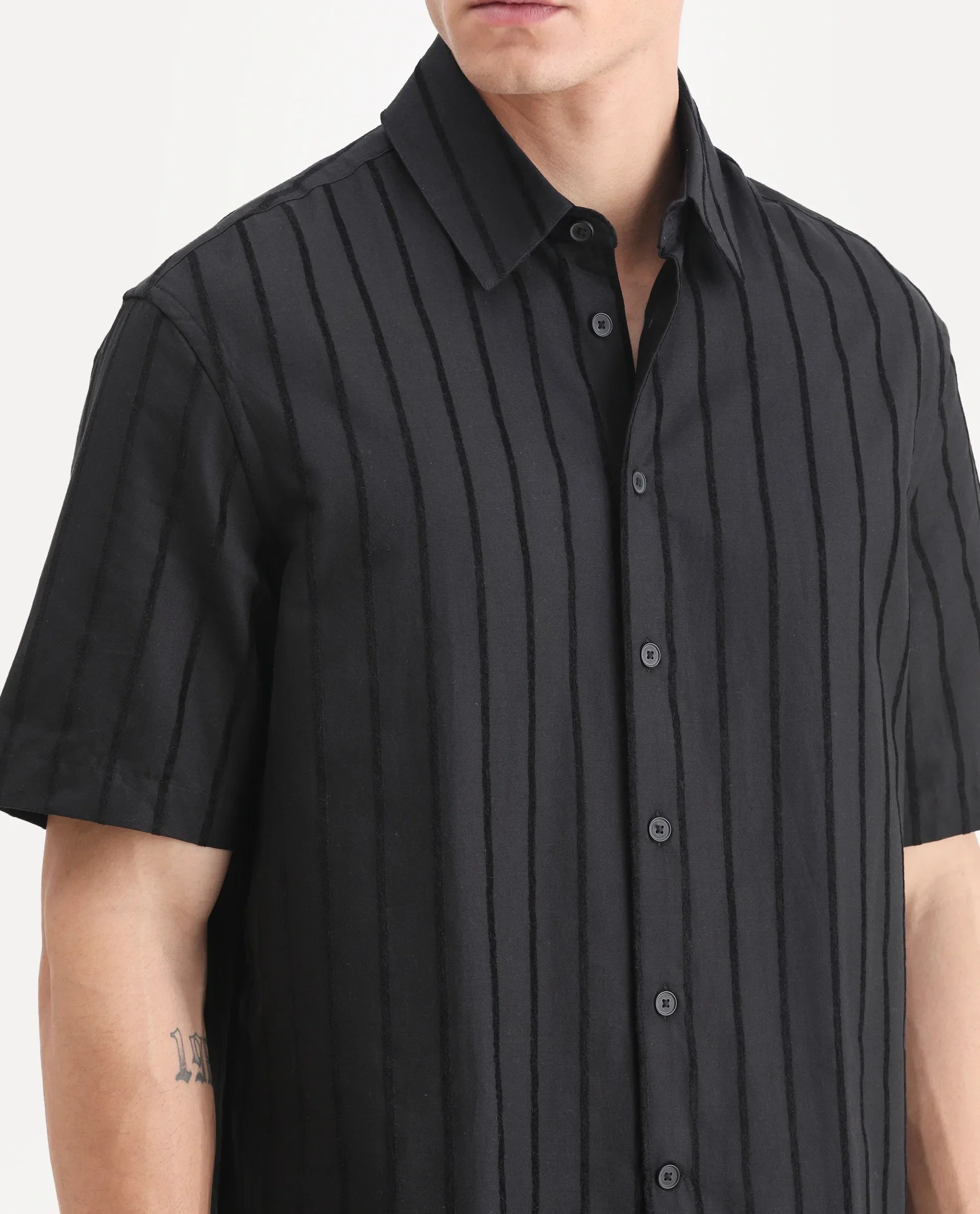 Rare Rabbit Men's Croy Black Polyester Striped Print Boxy Fit Half Sleeve Collared Shirt - Image 3