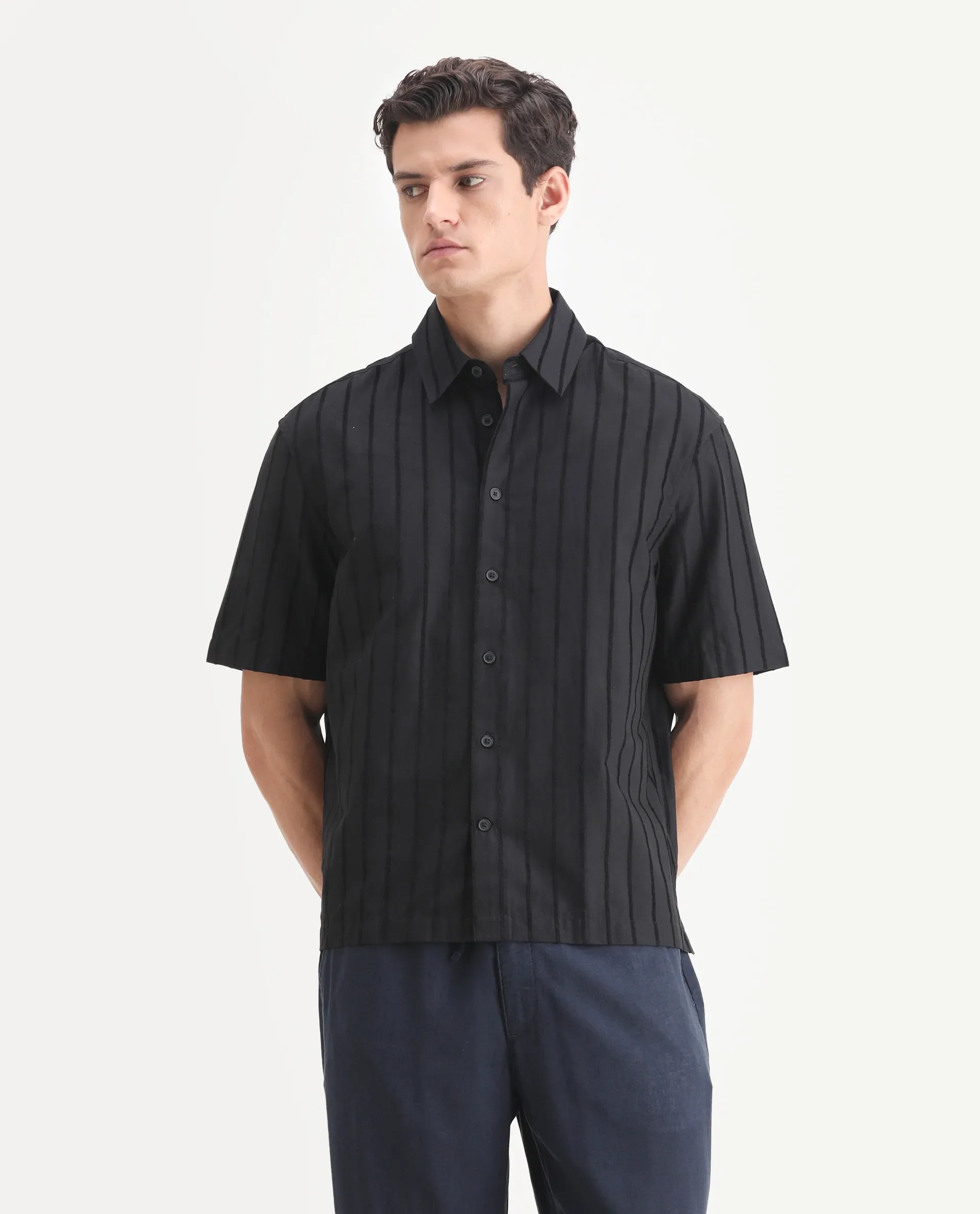 Rare Rabbit Men's Croy Black Polyester Striped Print Boxy Fit Half Sleeve Collared Shirt - Image 4