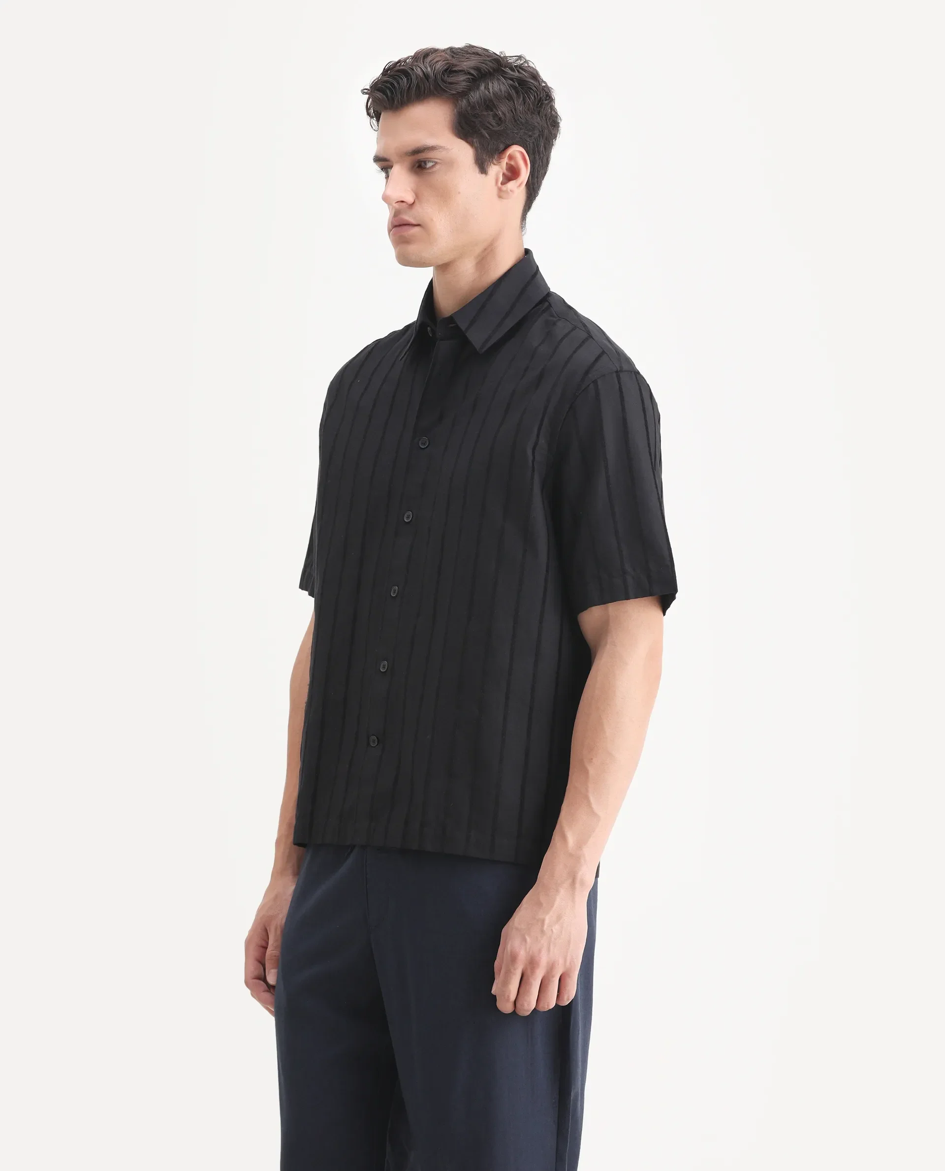 Rare Rabbit Men's Croy Black Polyester Striped Print Boxy Fit Half Sleeve Collared Shirt - Image 5