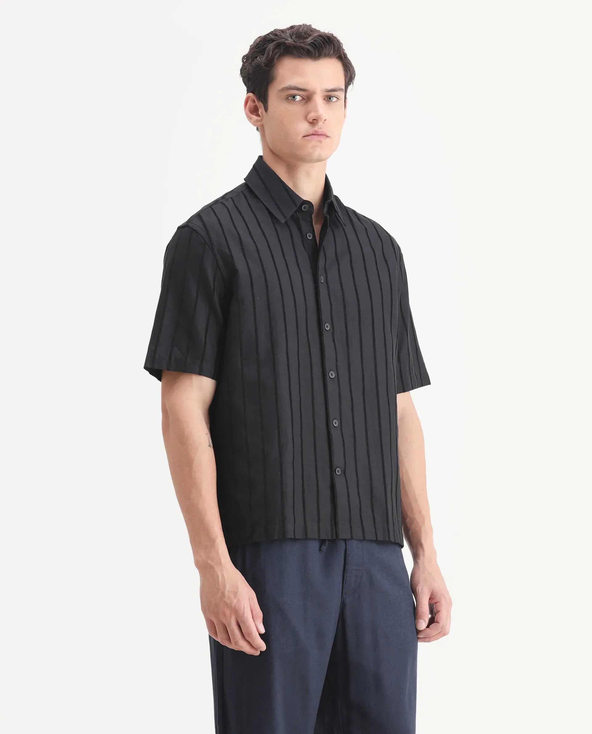 Rare Rabbit Men's Croy Black Polyester Striped Print Boxy Fit Half Sleeve Collared Shirt - Image 6