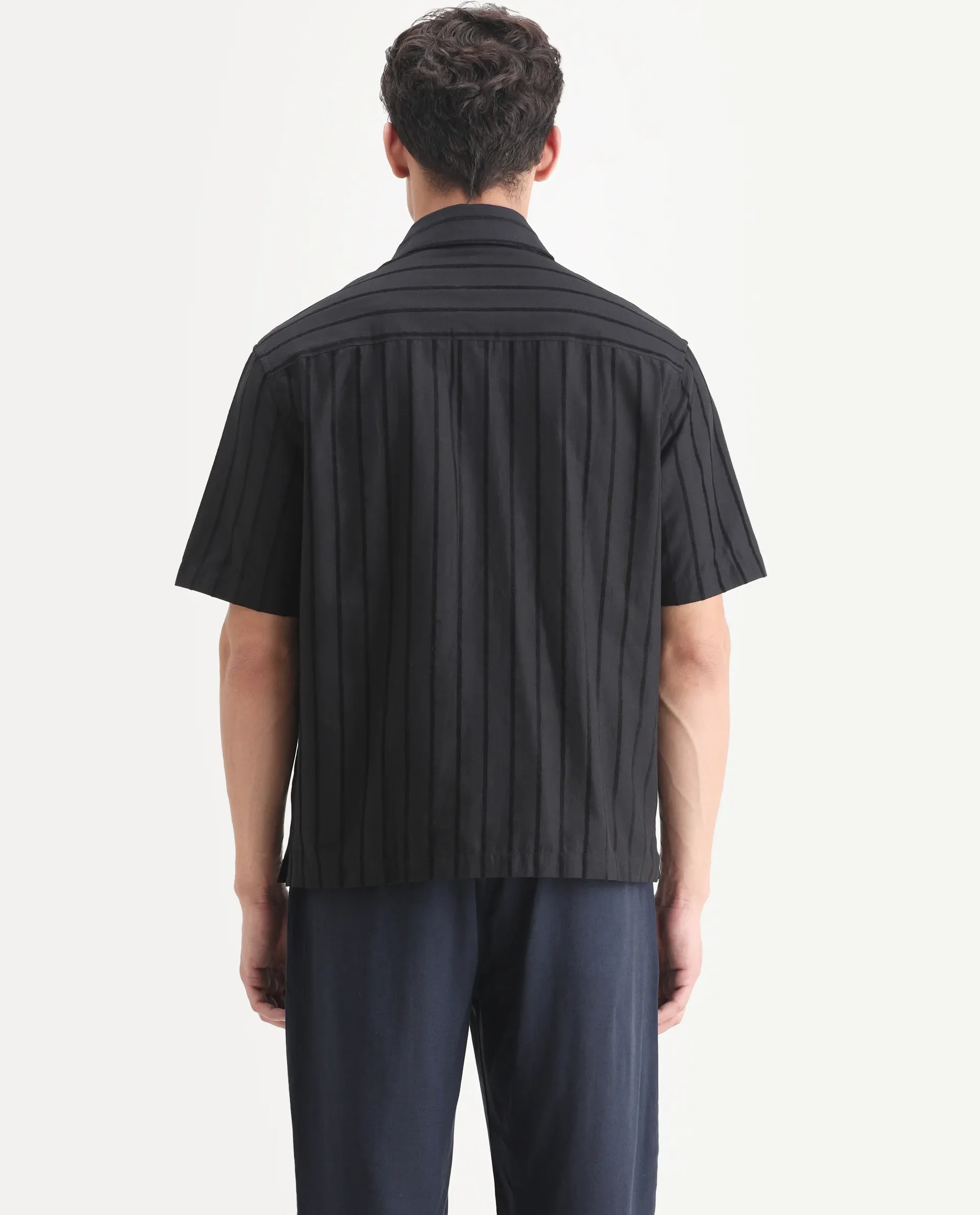 Rare Rabbit Men's Croy Black Polyester Striped Print Boxy Fit Half Sleeve Collared Shirt - Image 7