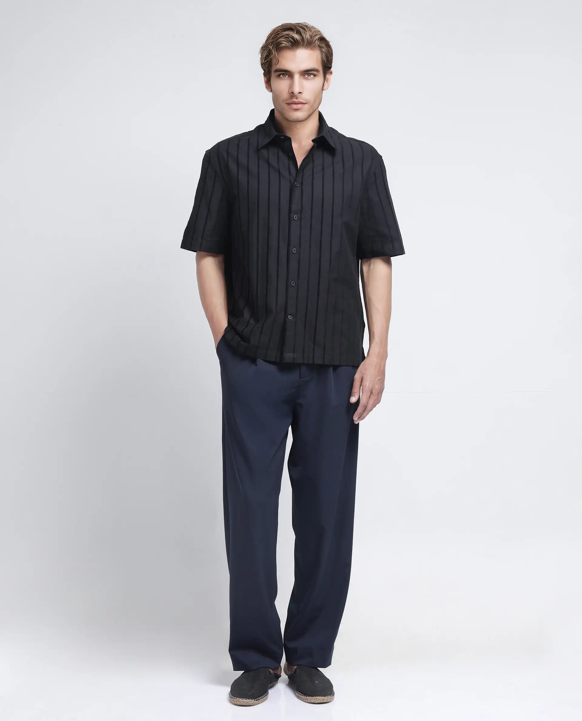 Rare Rabbit Men's Croy Ss Black Cotton Striped Print Regular Fit Half Sleeve Collared Shirt - Image 2