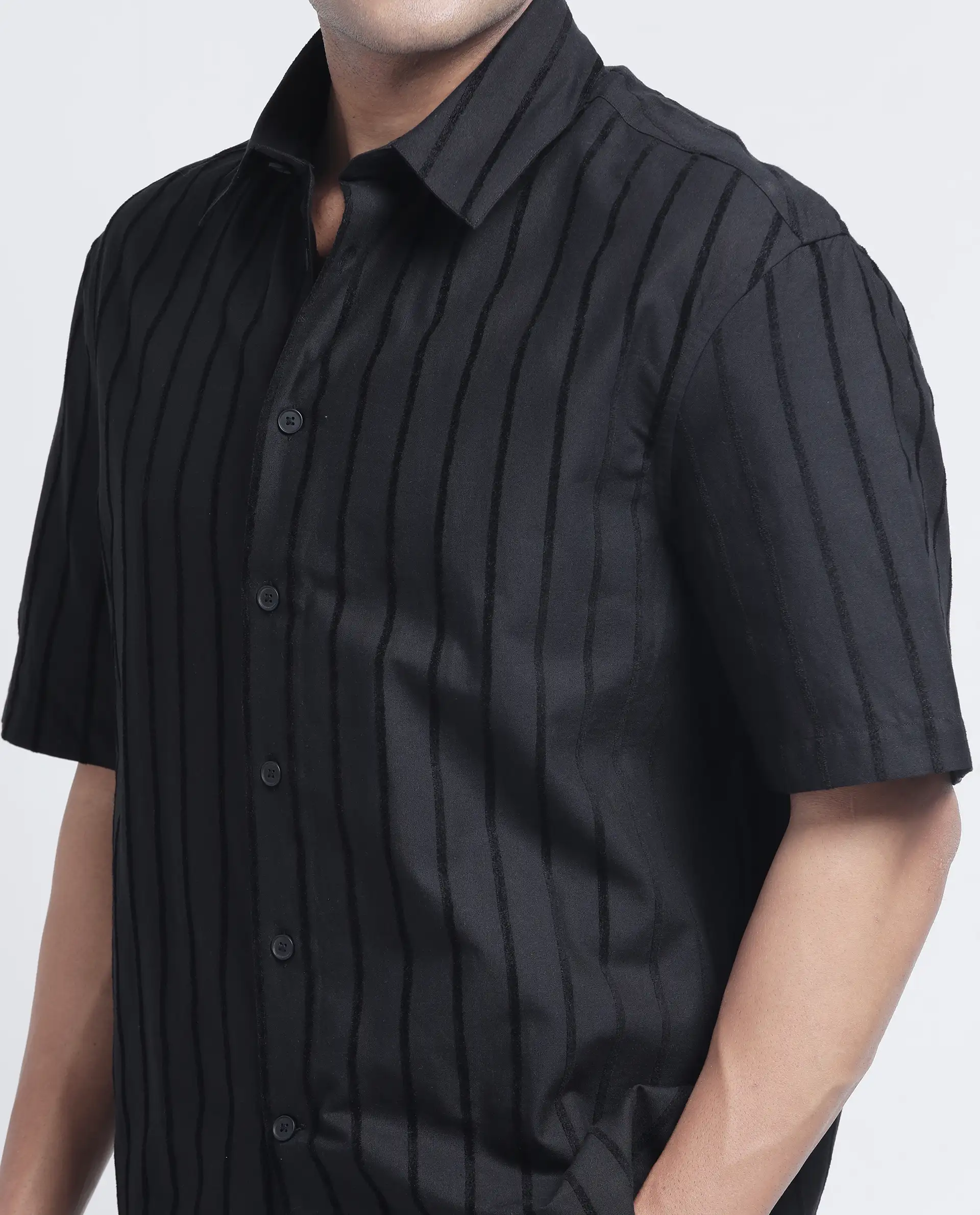 Rare Rabbit Men's Croy Ss Black Cotton Striped Print Regular Fit Half Sleeve Collared Shirt - Image 3